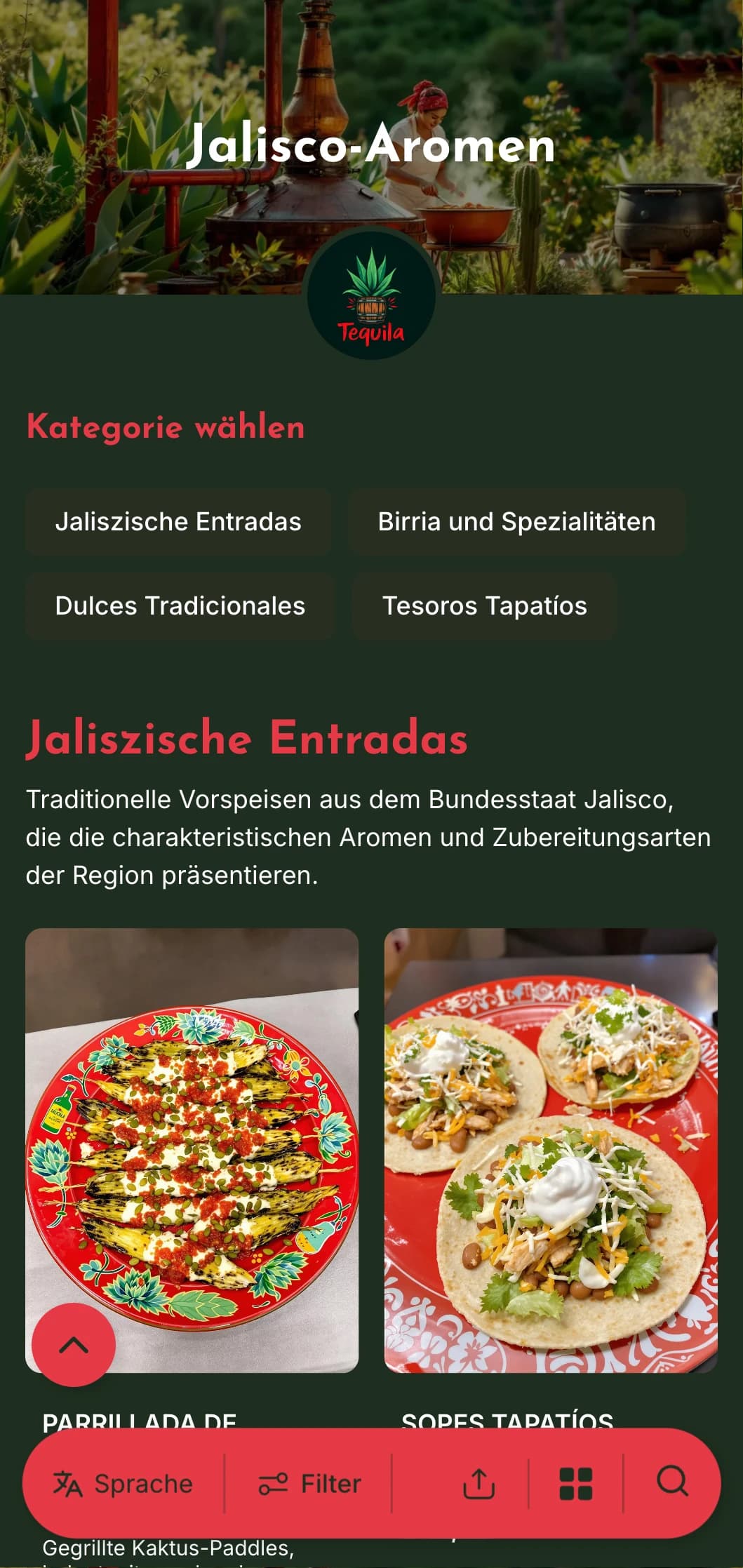 Lebendige und schmackhafte Speisekarte mit Spezialitäten aus Jalisco, darunter Tequila, Birria und traditionelle Mariachi-Gerichte.