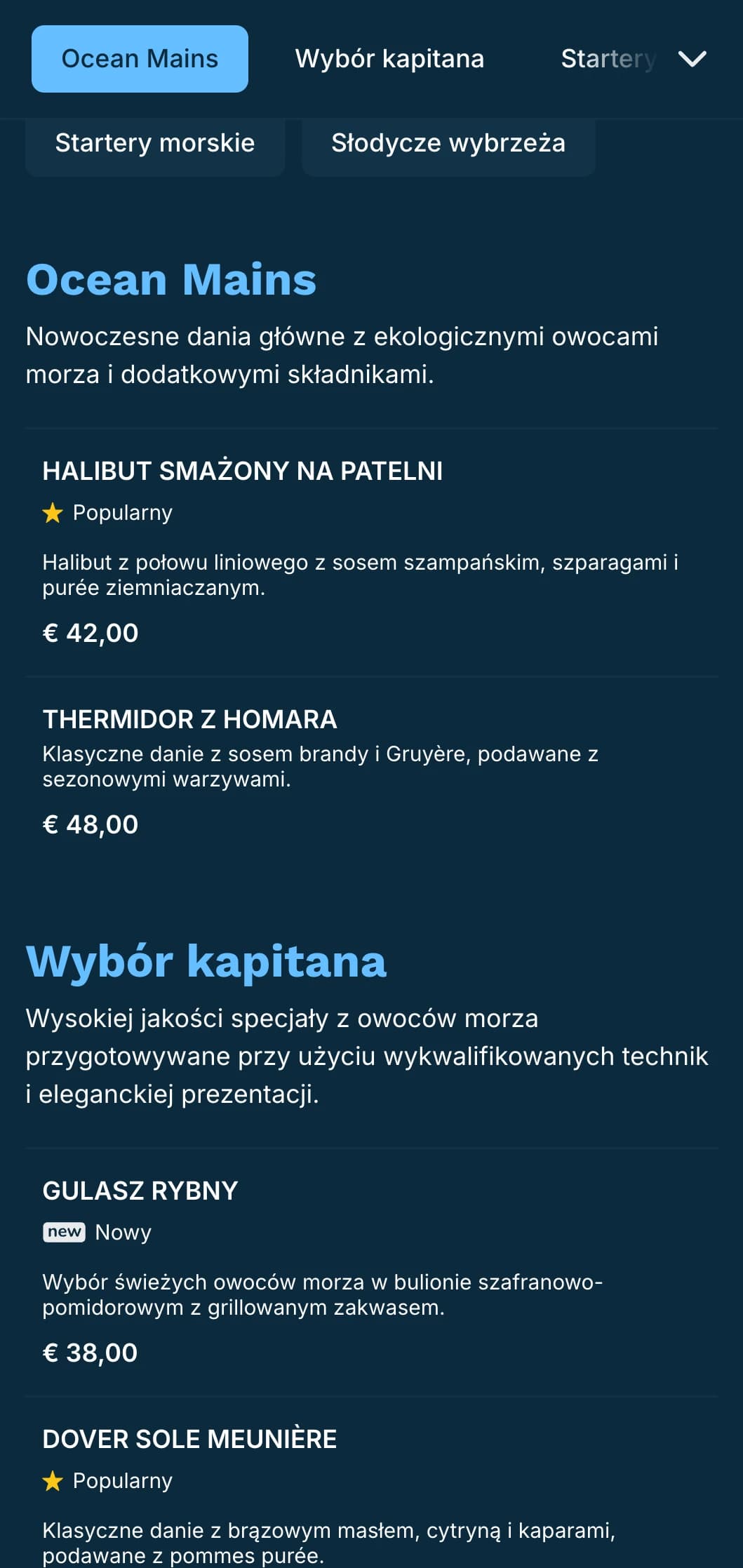 Wyraziste, utrzymane w niebieskiej tonacji menu obiadowe z wpływami żeglarskimi, idealne dla ekskluzywnych restauracji serwujących owoce morza.
