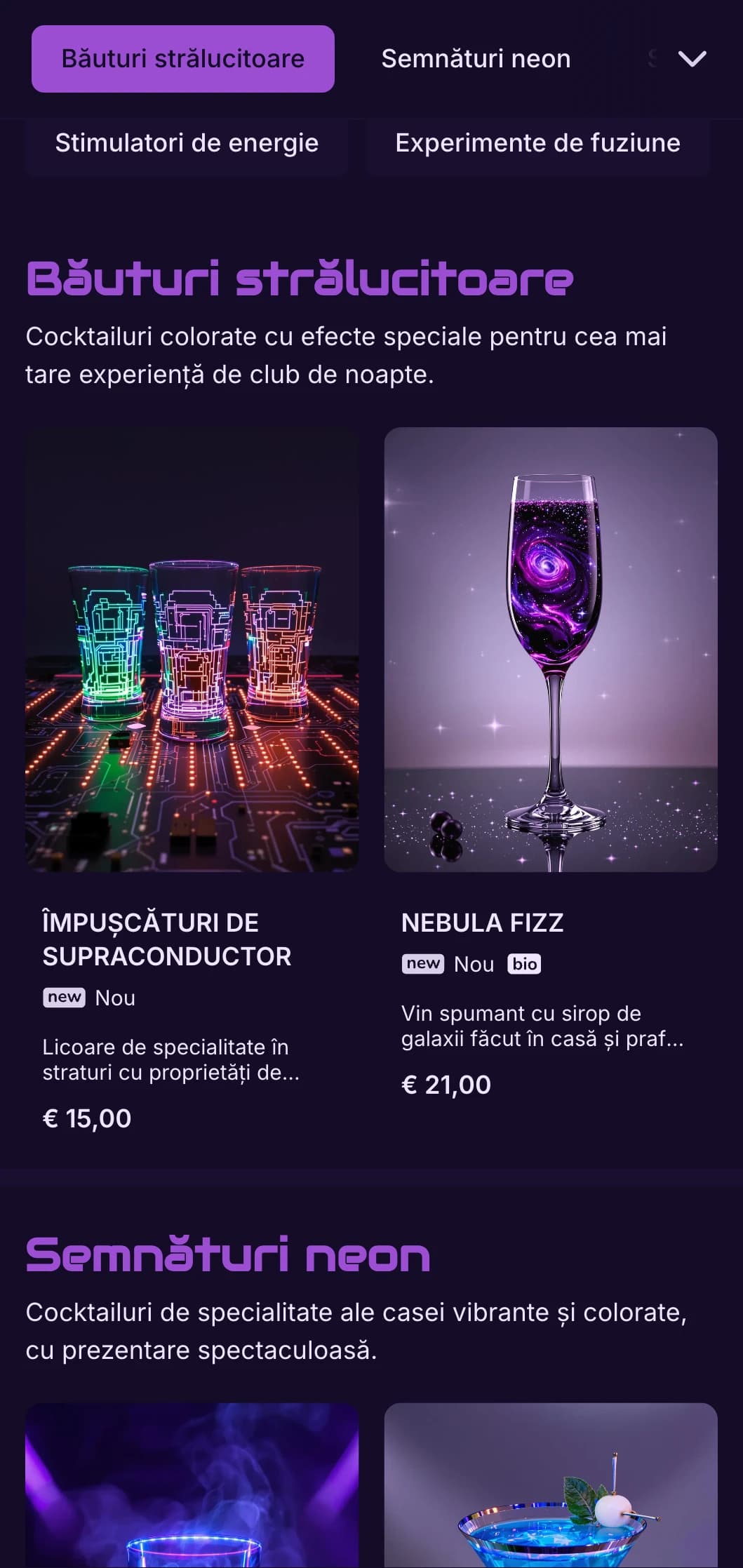 Design violet și negru cu contrast ridicat, cu elemente neon pentru baruri de cocktail contemporane.