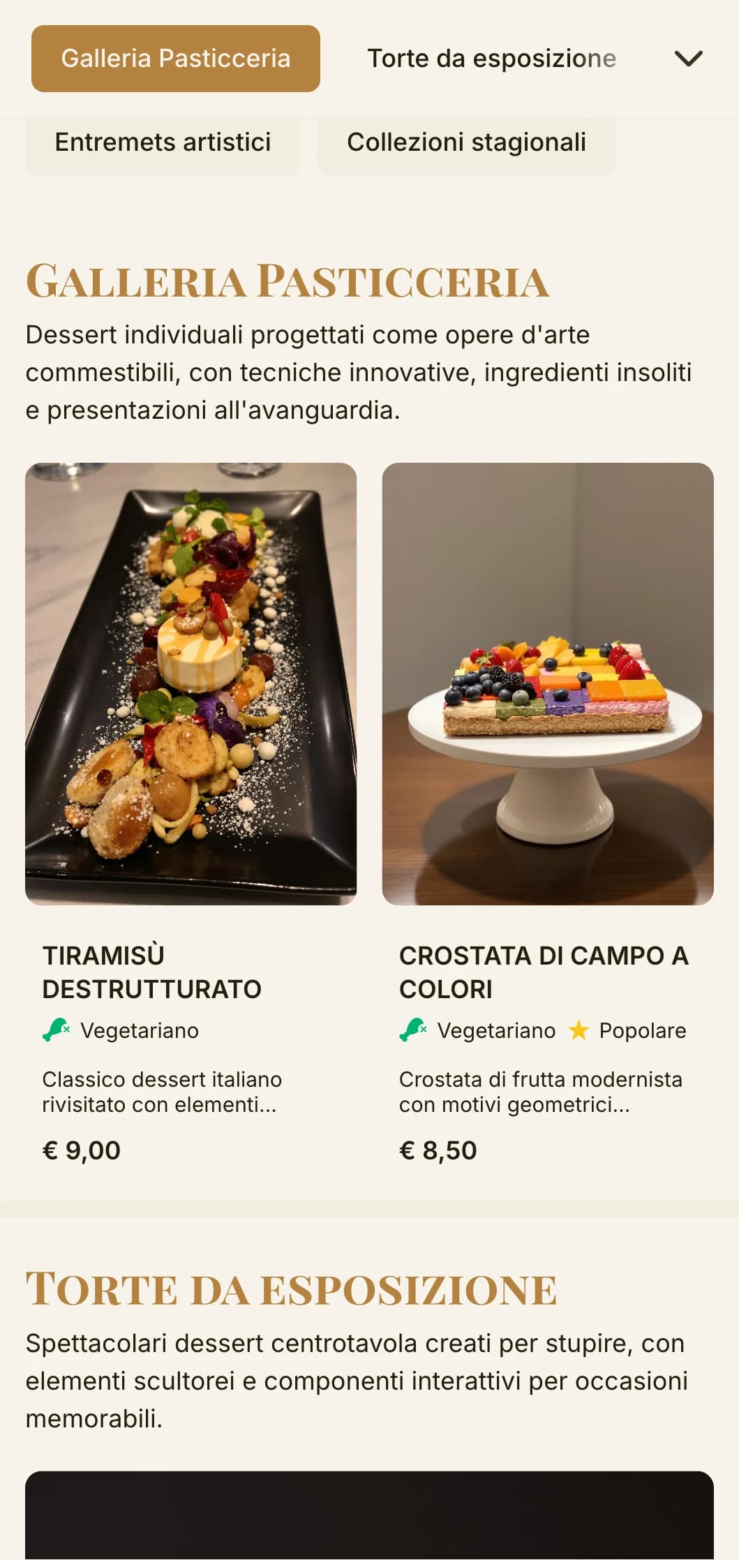 Un design di menu per pasticceria ispirato a una galleria d'arte, con calde tonalità dorate e una tipografia sofisticata, ideale per le boutique di dolci e le pasticcerie artistiche.
