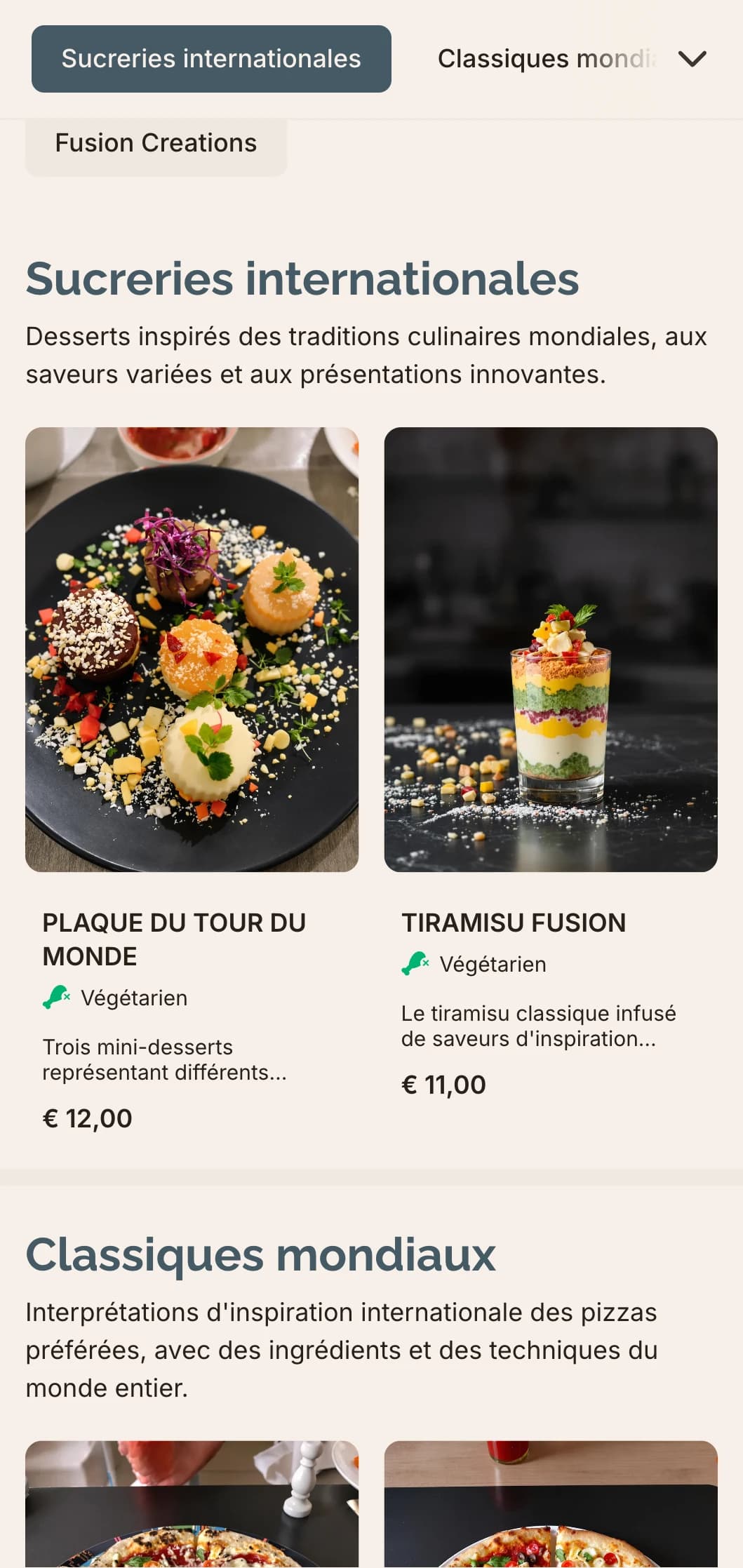 Carte de pizzas "Global Fusion" au design contemporain pour des combinaisons de saveurs innovantes.
