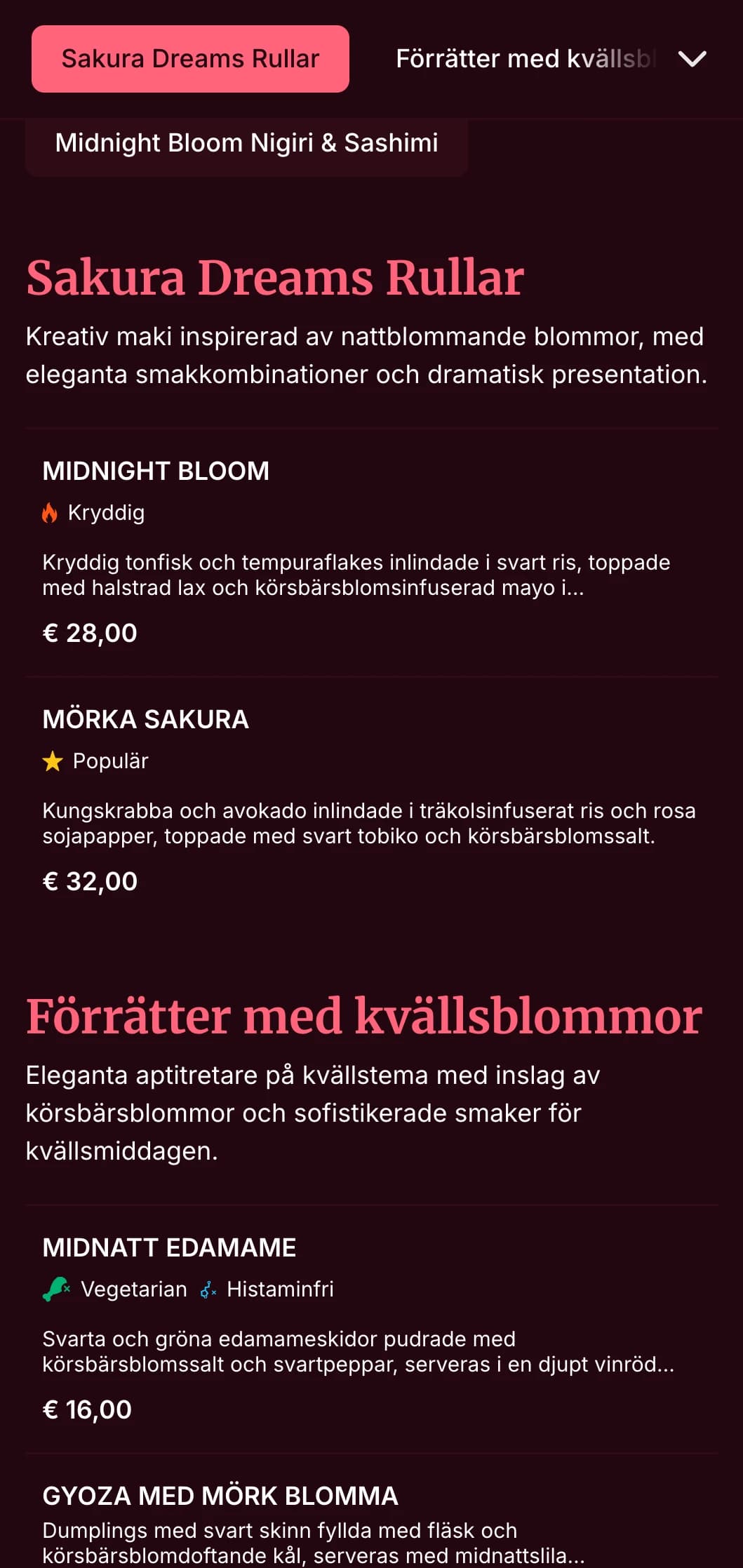 Elegant kvällssushi med dramatiska motiv av körsbärsblommor mot djup vinröd färg för exklusiva middagar.