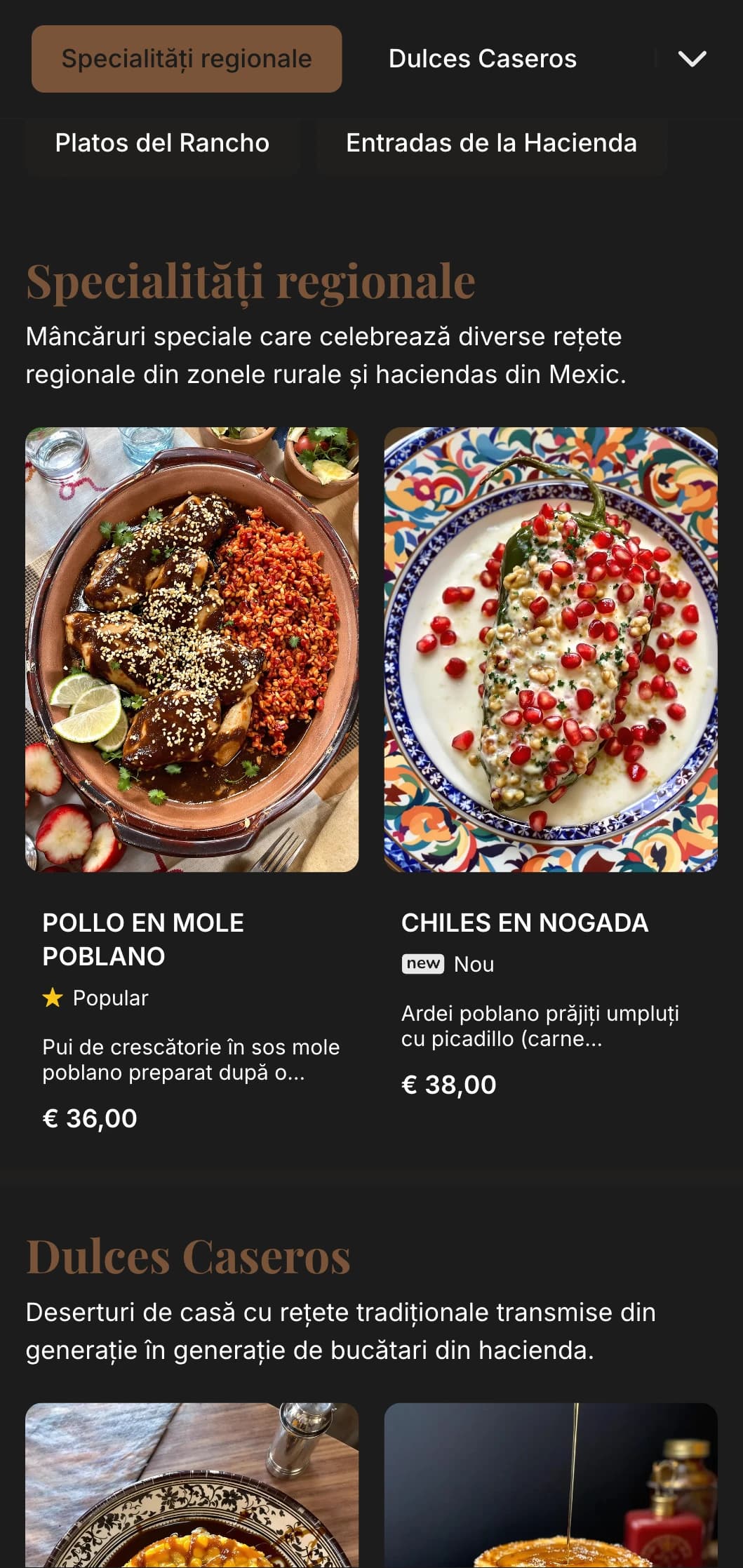 Meniu rustic și cald în stil hacienda mexican, cu texturi bogate de lemn, rețete tradiționale și preparate consistente într-un cadru elegant de fermă.