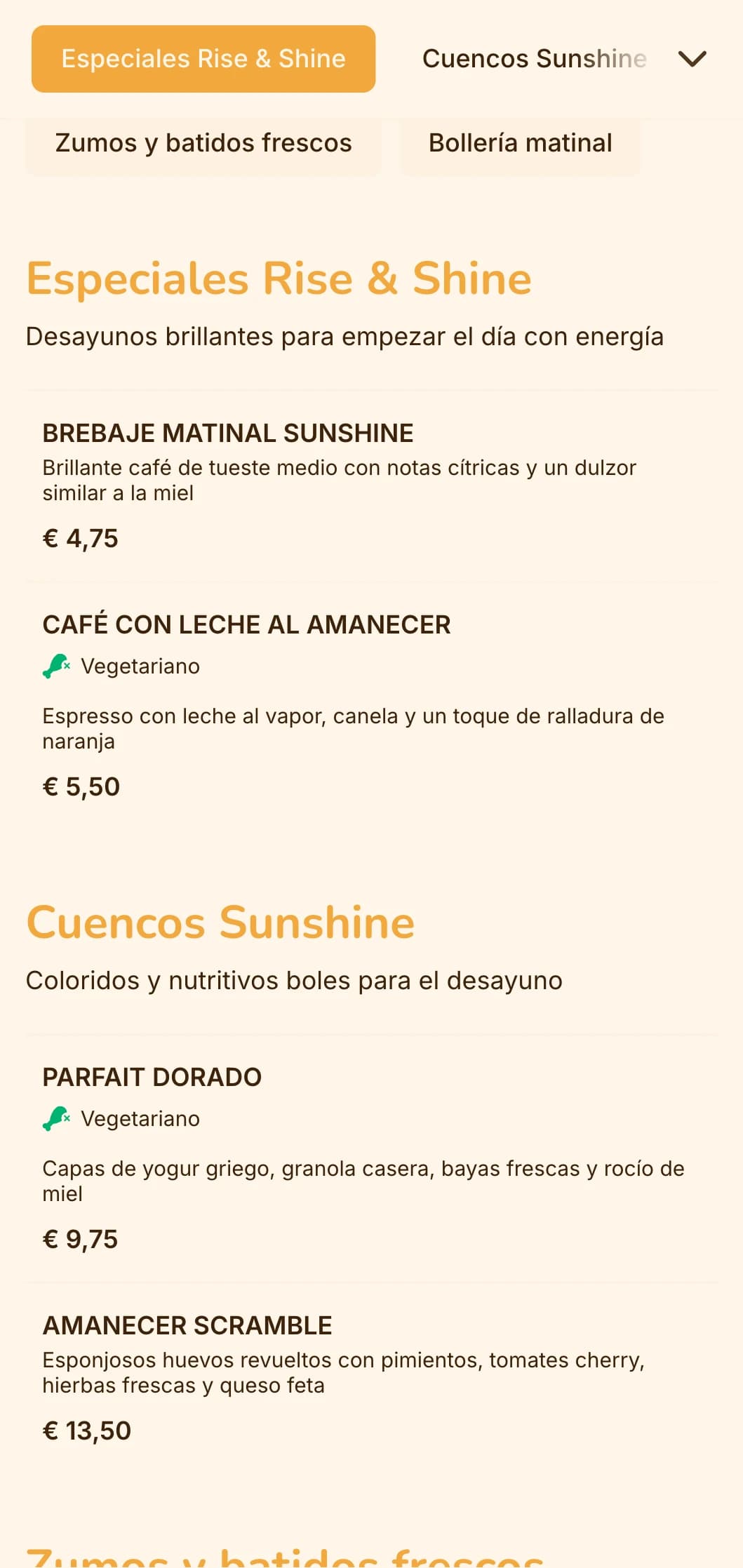 Alegre diseño amarillo y naranja con elementos soleados para cafeterías y lugares de brunch.