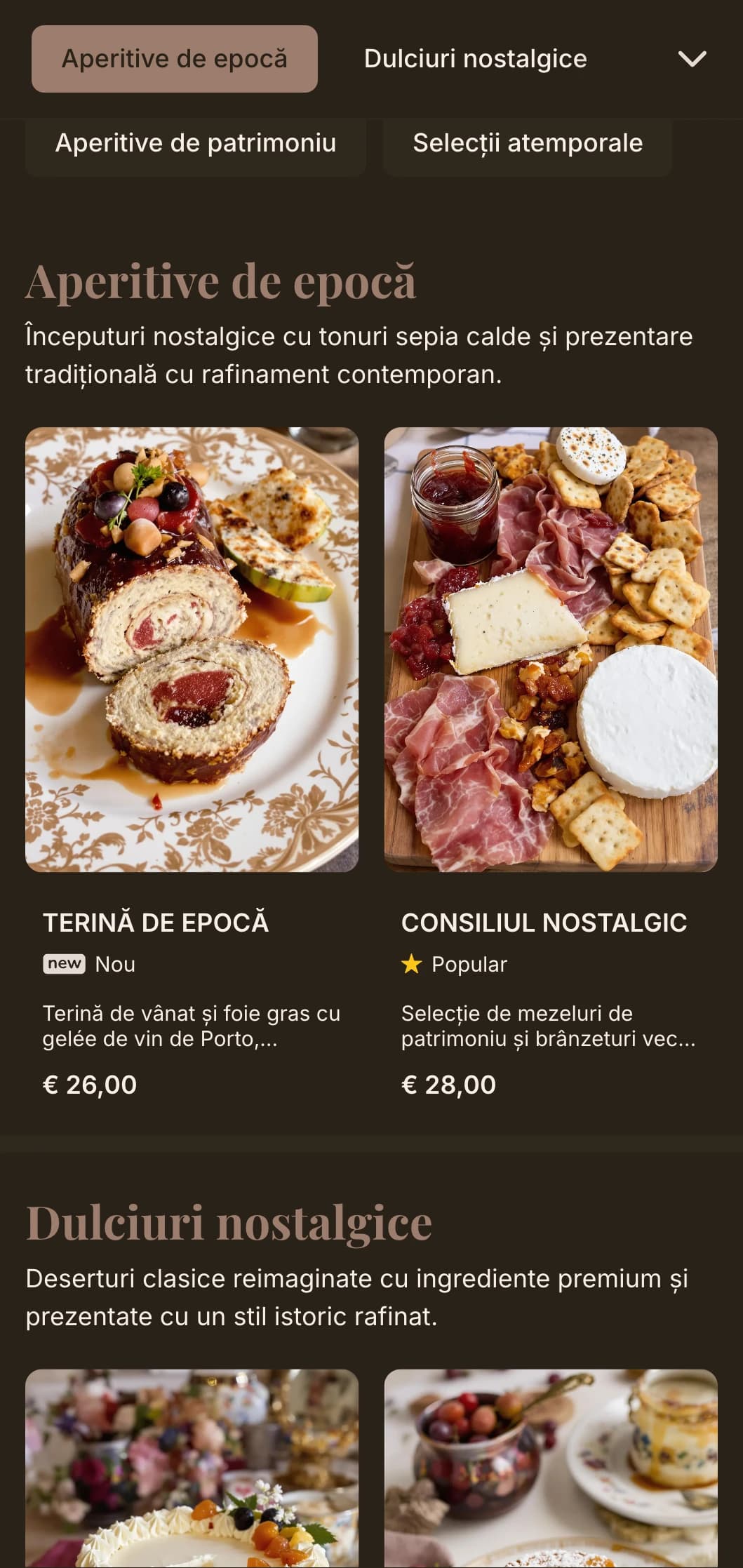 Concept nostalgic cu tonuri calde sepia și elemente de lux vintage pentru o experiență culinară atemporală.