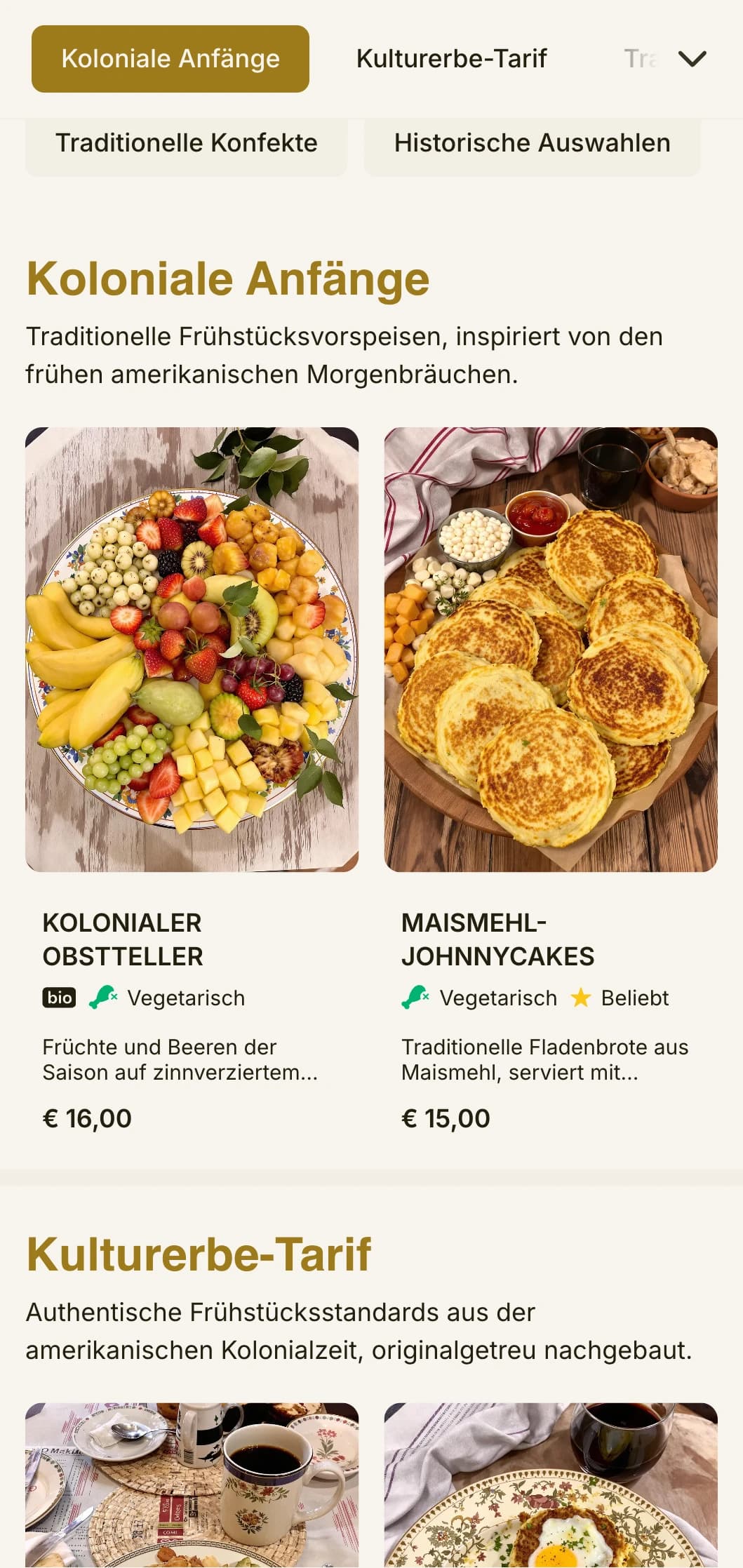 Traditionelle Frühstücksangebote, inspiriert von der kolonialen Küche, präsentiert mit raffinierten historischen Elementen.