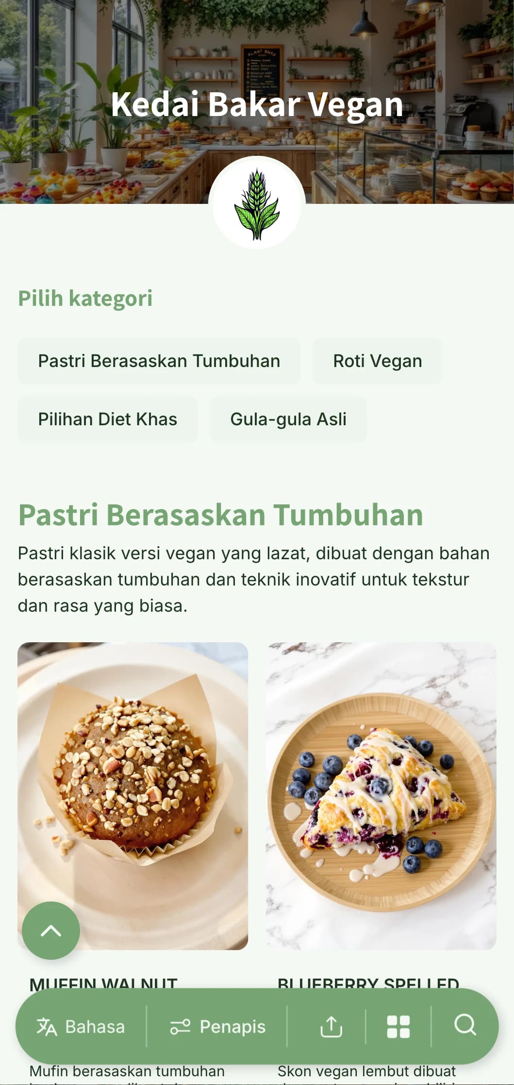 Reka bentuk menu bakeri berasaskan tumbuhan yang segar dengan rona hijau terang dan tipografi bersih, sesuai untuk kedai roti vegan dan kedai yang mementingkan alam sekitar.