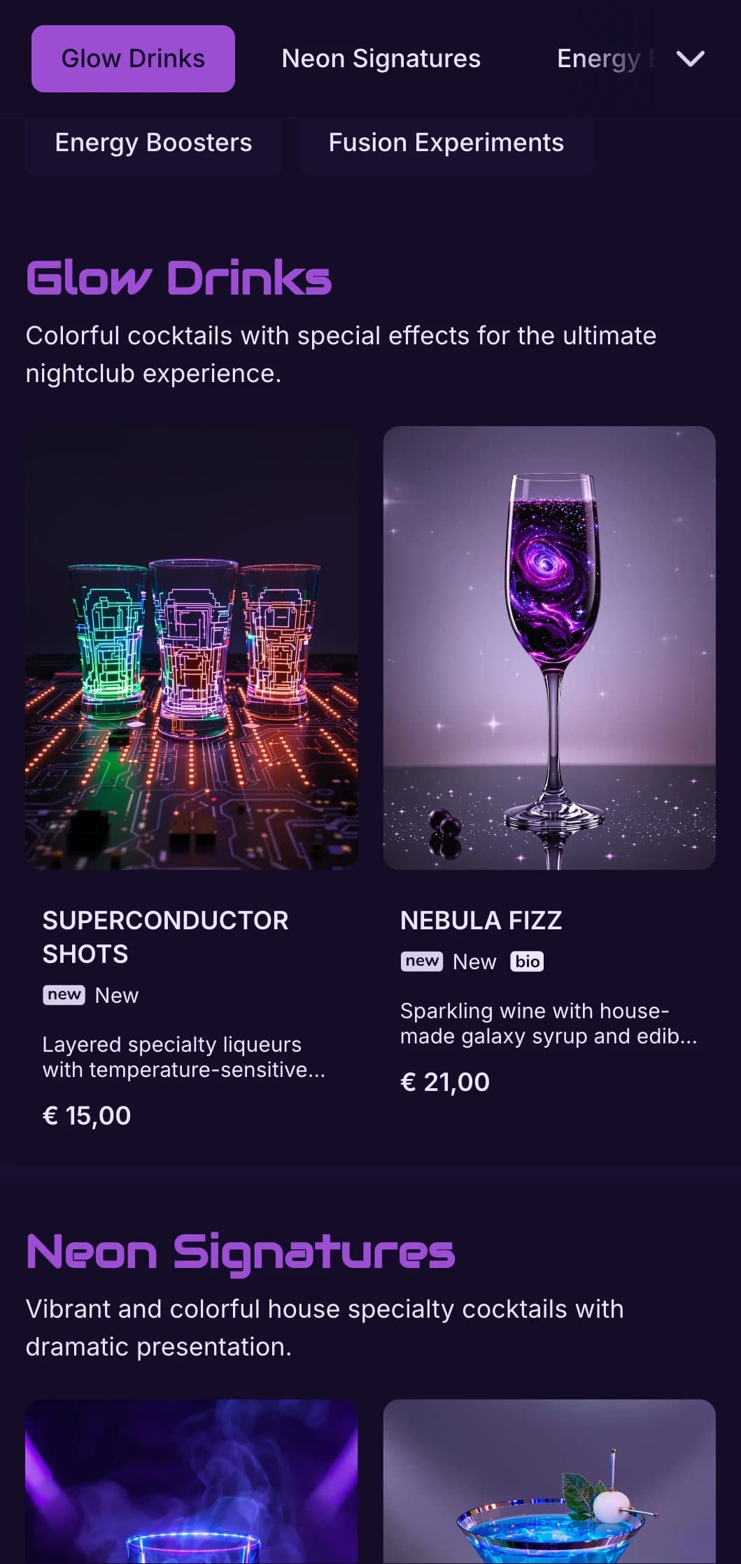 High-contrast purple and black design with neon elements for contemporary cocktail bars.