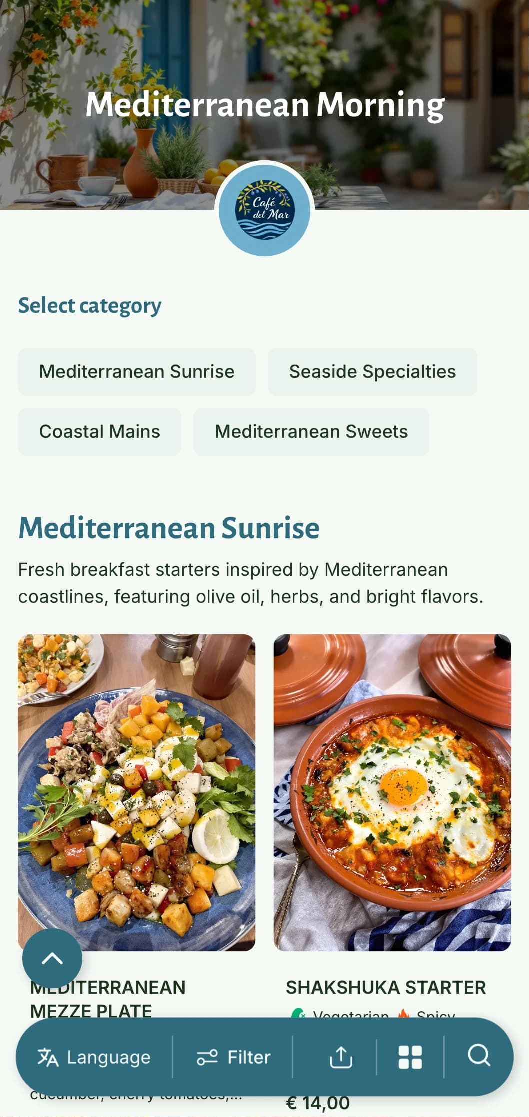 Bright, airy brunch template with Mediterranean influences, perfect for cafés offering healthy, olive oil-based breakfast dishes.
