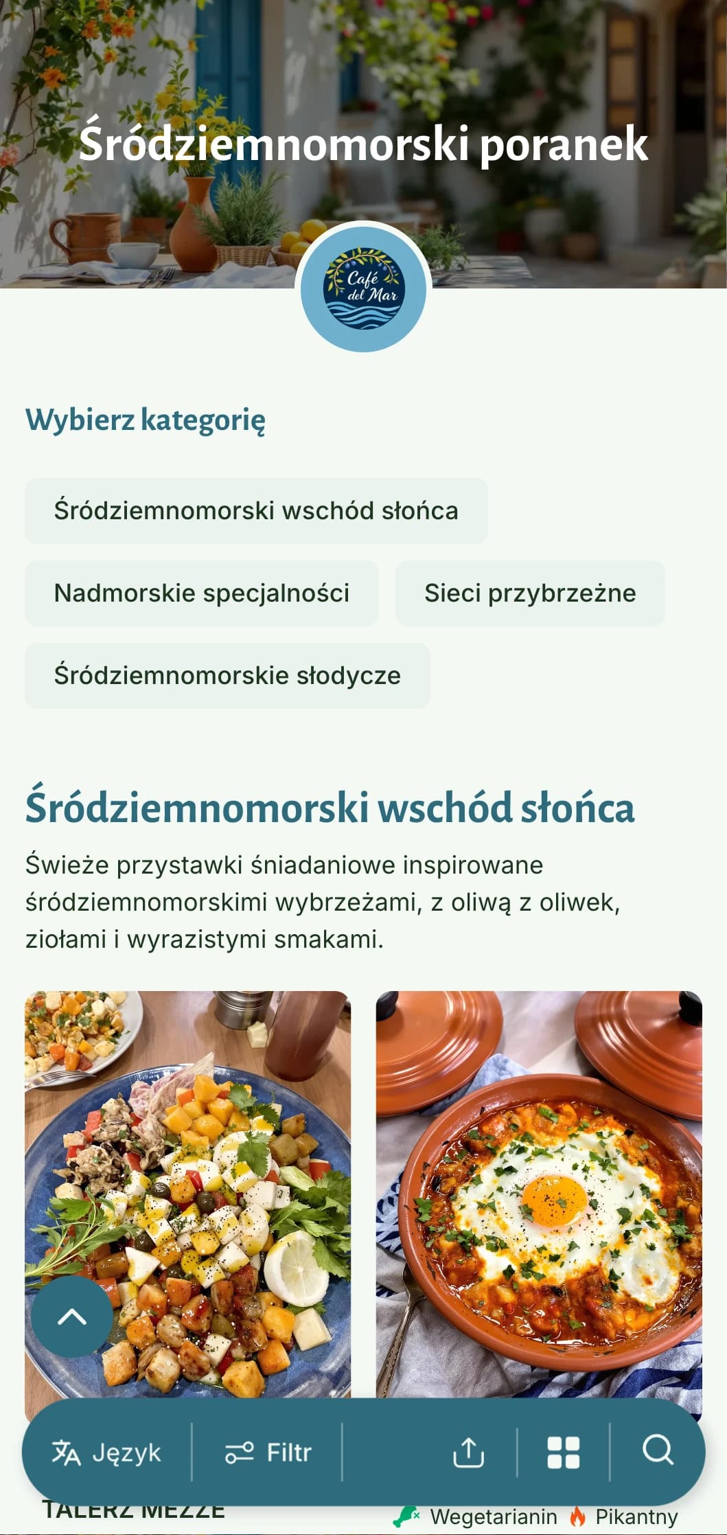 Jasny, przestronny szablon brunchowy z wpływami śródziemnomorskimi, idealny do kawiarni oferujących zdrowe dania śniadaniowe na bazie oliwy z oliwek.