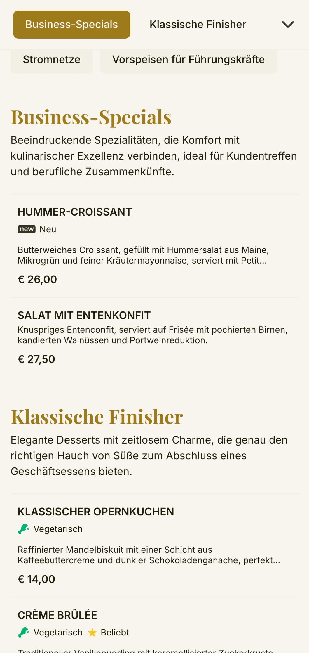 Elegantes und zugleich effizientes Design für Mittagsmenüs in Geschäftsvierteln und in der Unternehmensgastronomie, mit zeitloser Typografie und ausgeklügeltem Layout für schnelle professionelle Mittagessen.