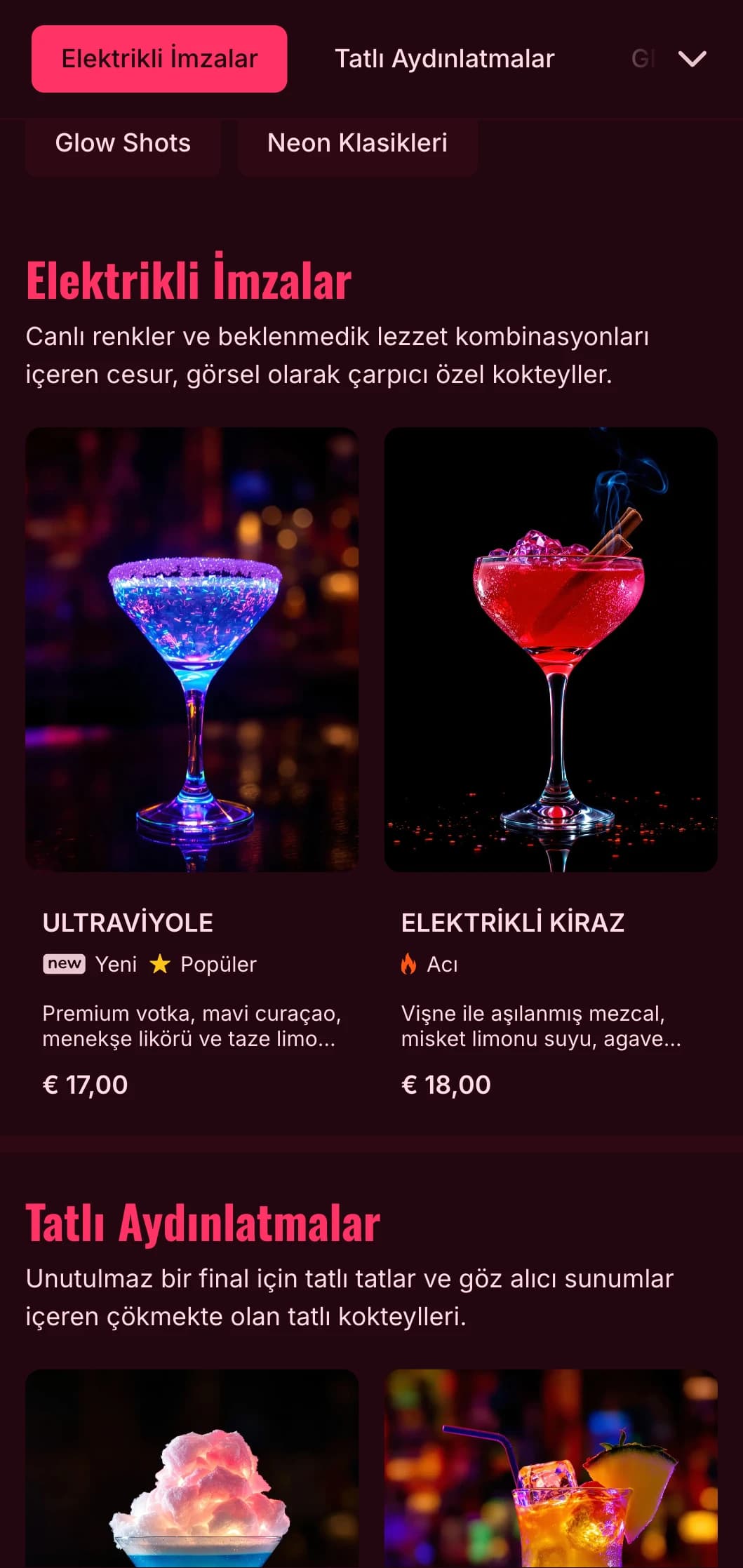 Çağdaş kokteyl barları ve gece kulüpleri için mükemmel, neon gece hayatından ilham alan cesur, canlı bir menü tasarımı.