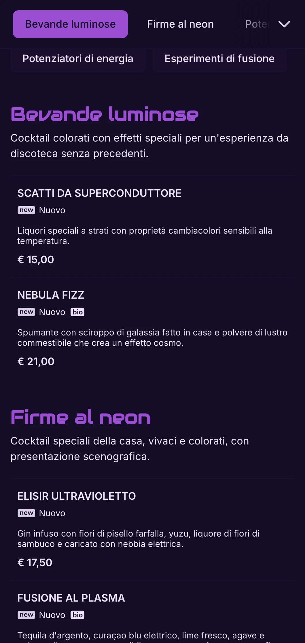 Design viola e nero ad alto contrasto con elementi al neon per cocktail bar contemporanei.