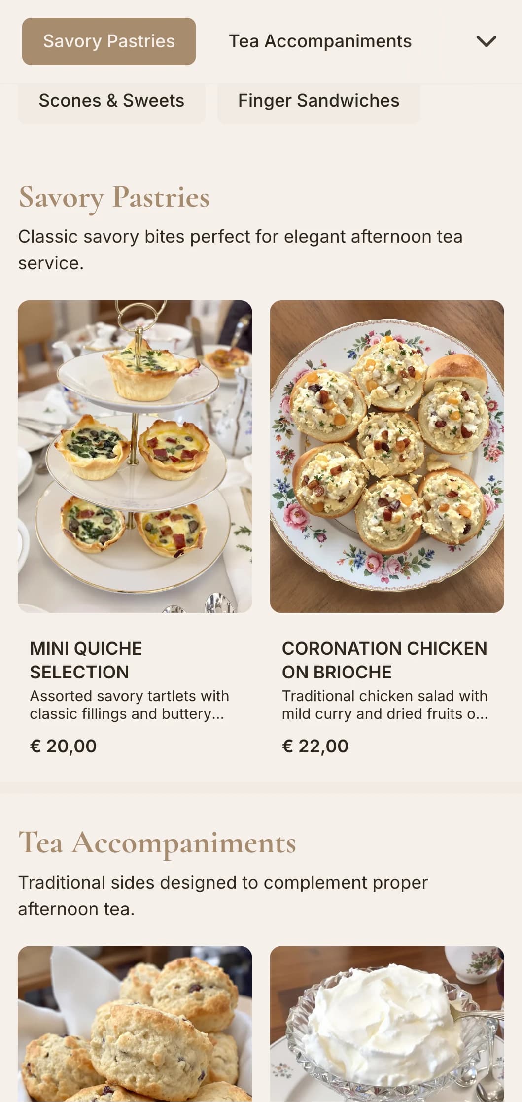 Refined traditional tea service featuring finger sandwiches, scones, and petit fours with classic presentation for elegant afternoon gatherings.
