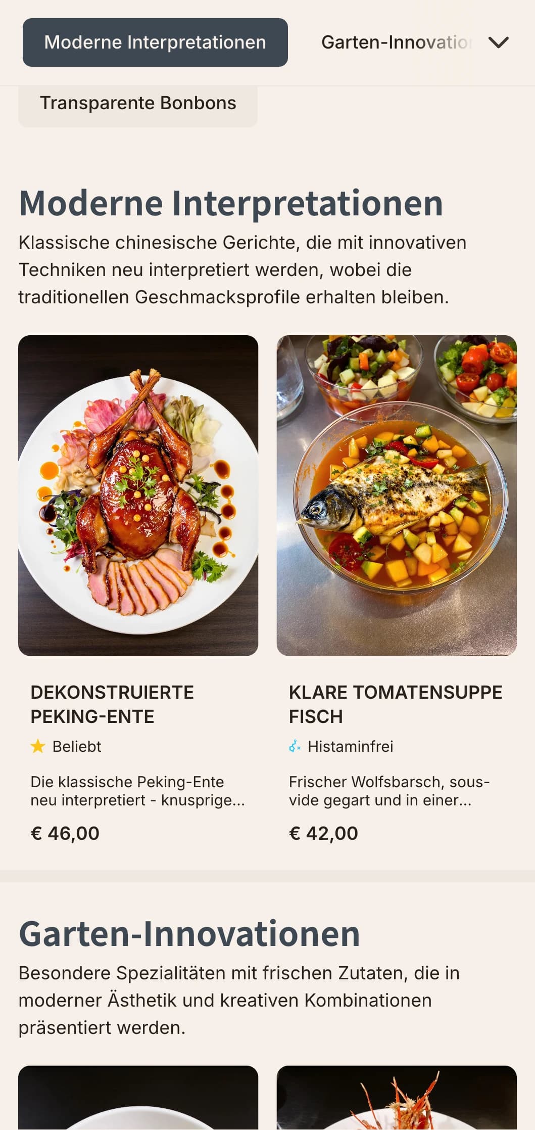 Zeitgenössisches chinesisches Menüdesign mit von Kristallen inspirierten Elementen und Gartenmotiven für moderne Fusionsrestaurants.
