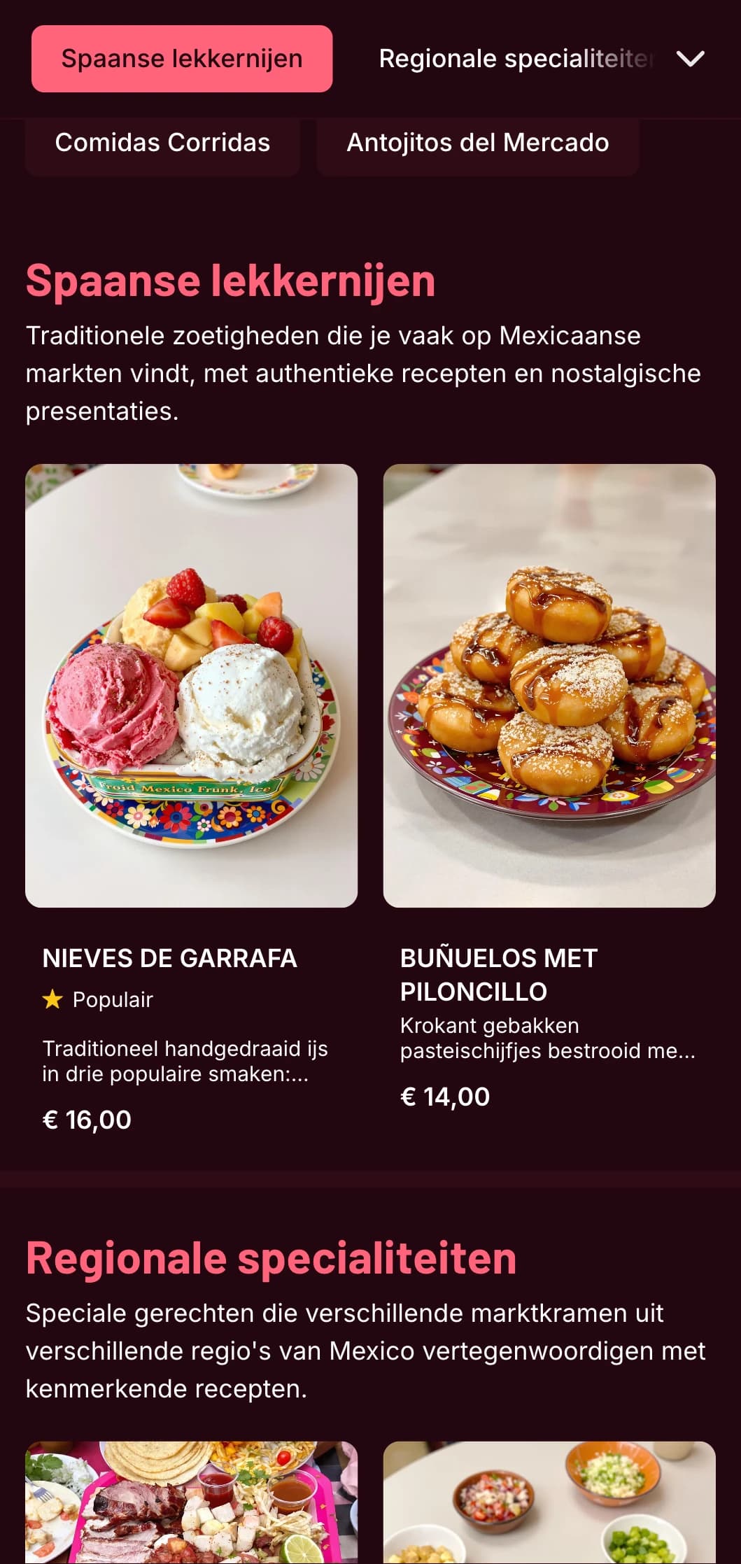 Kleurrijk en authentiek Mexicaans marktmenu met felroze accenten, verse ingrediënten en traditionele antojito's en streetfood.
