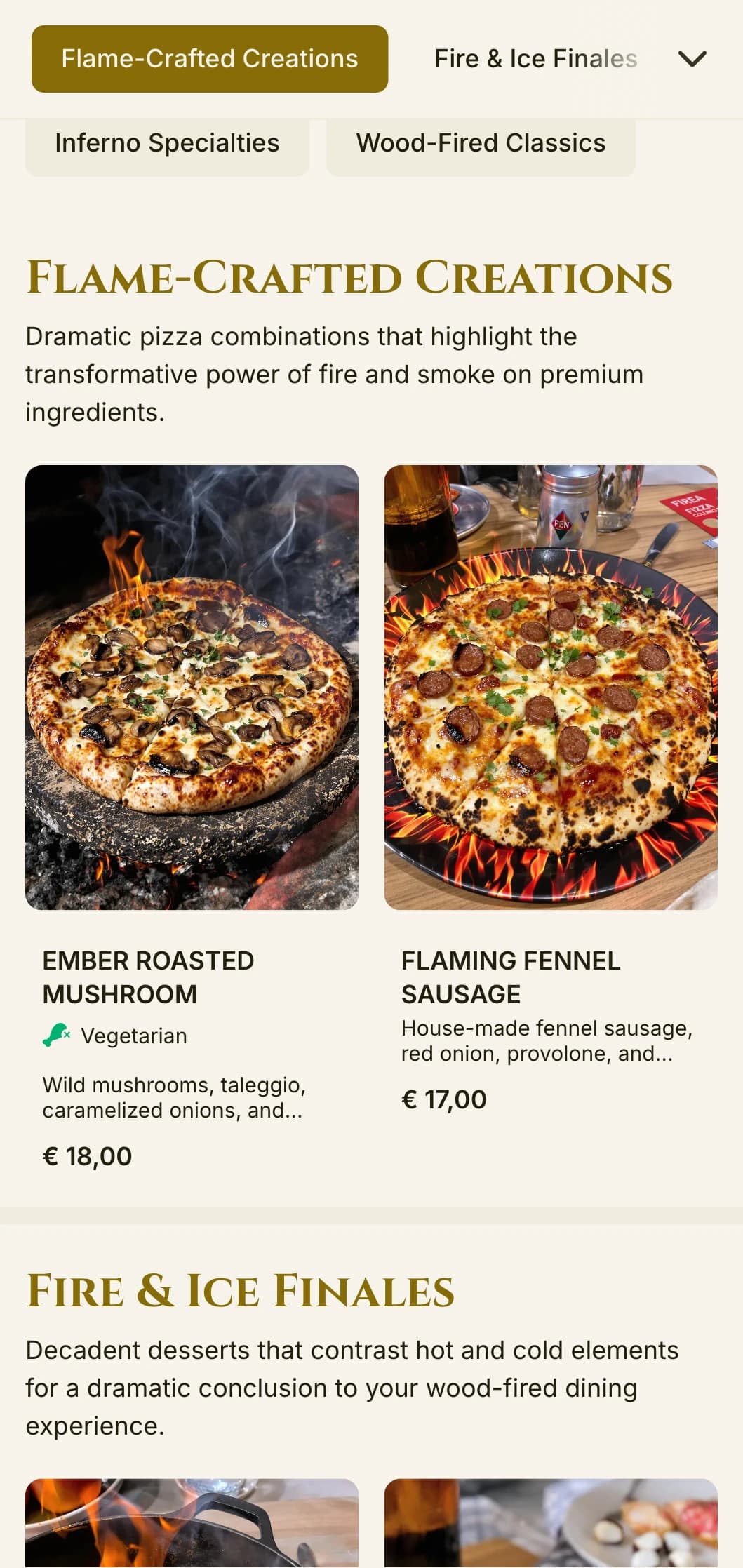 Dramatic pizza menu featuring rich colors and bold typography for wood-fired specialists.