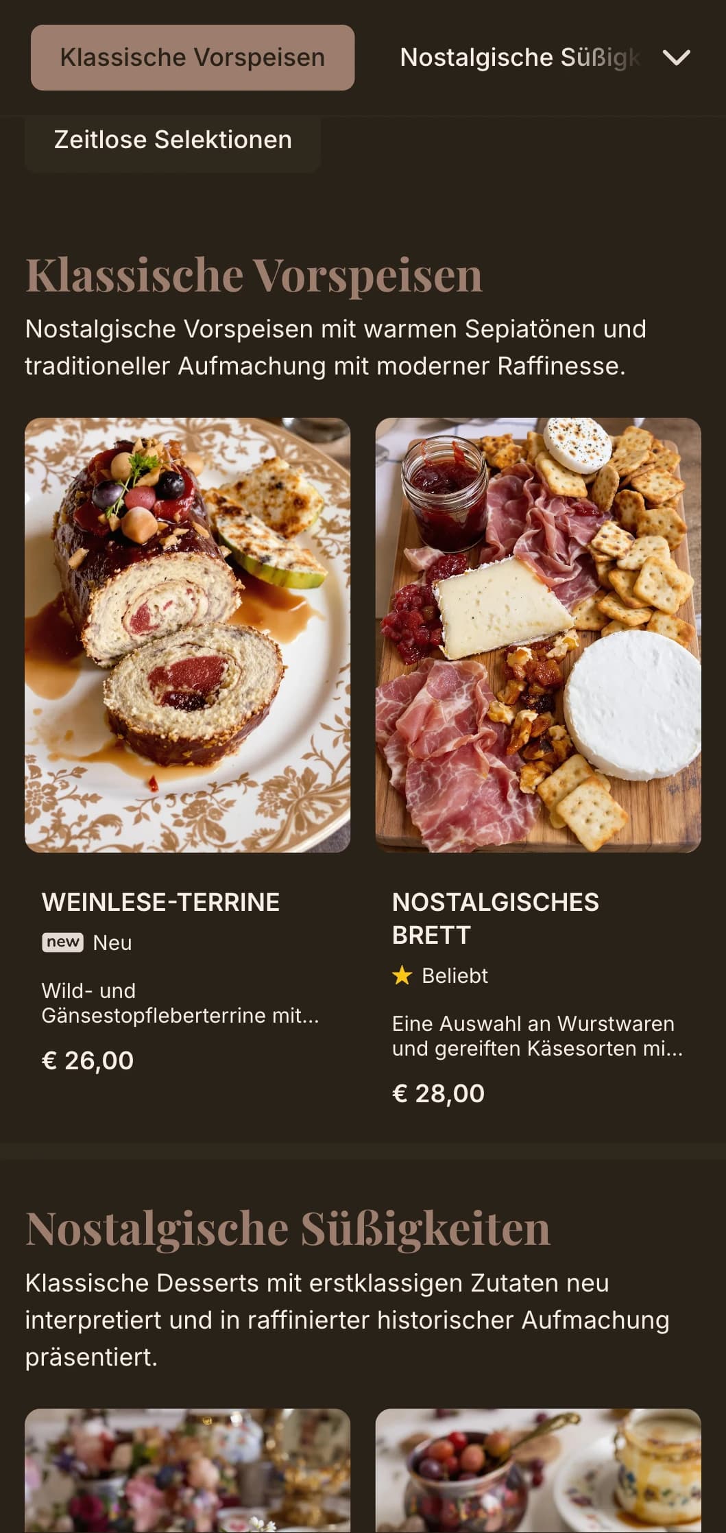 Nostalgisches Konzept mit warmen Sepiatönen und luxuriösen Vintage-Elementen für ein zeitloses Esserlebnis.