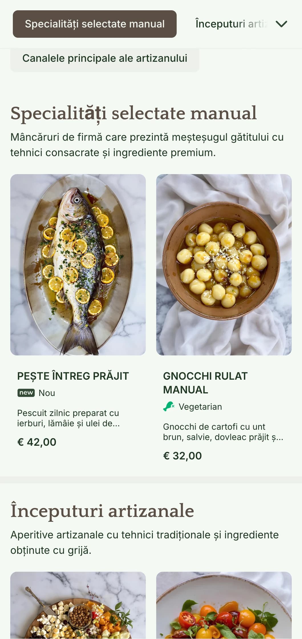 Un meniu de cină cald, artizanal, cu elemente de design inspirate de artizanat și tonuri pământii, perfect pentru restaurantele axate pe bucătăria artizanală.