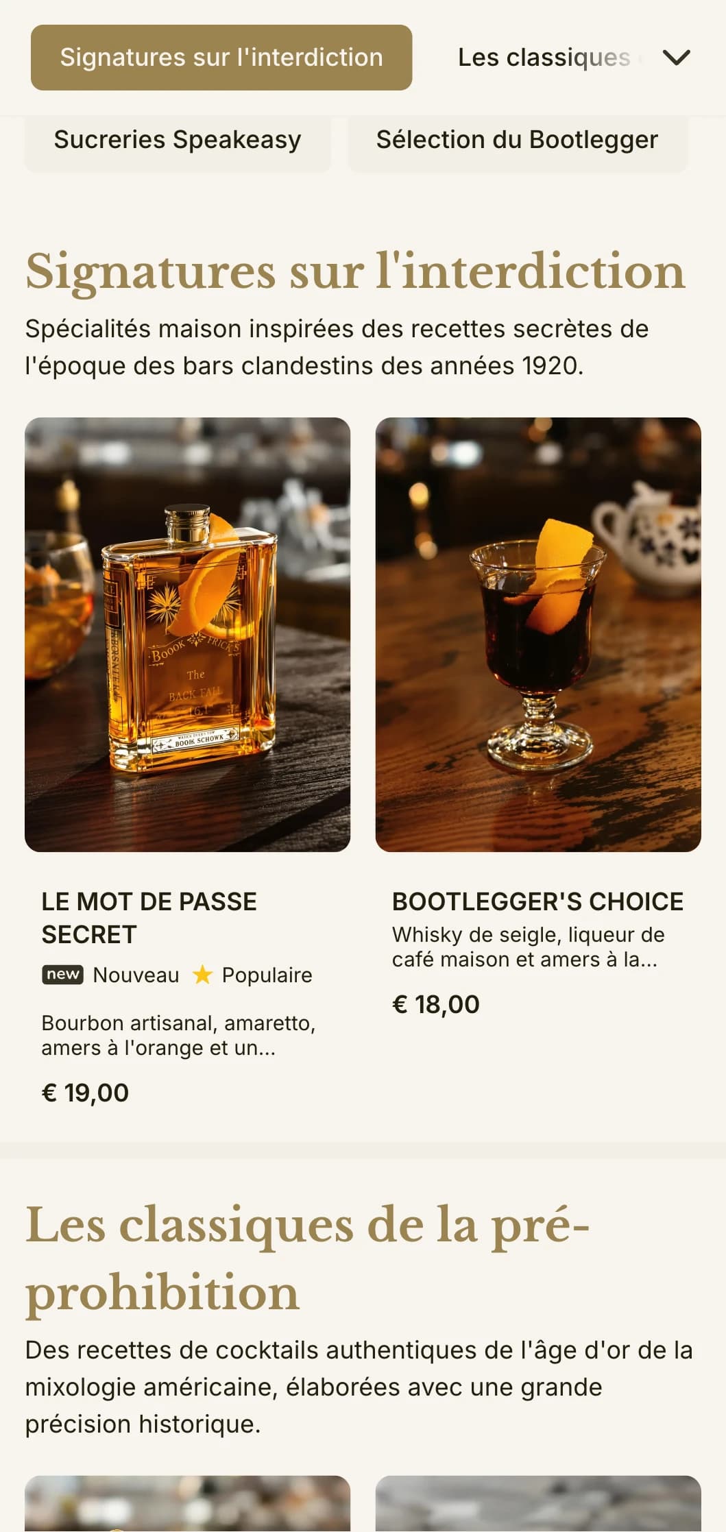 Un design inspiré de l'époque de la prohibition pour les bars à thème "speakeasy", avec une typographie vintage et de subtils accents dorés.