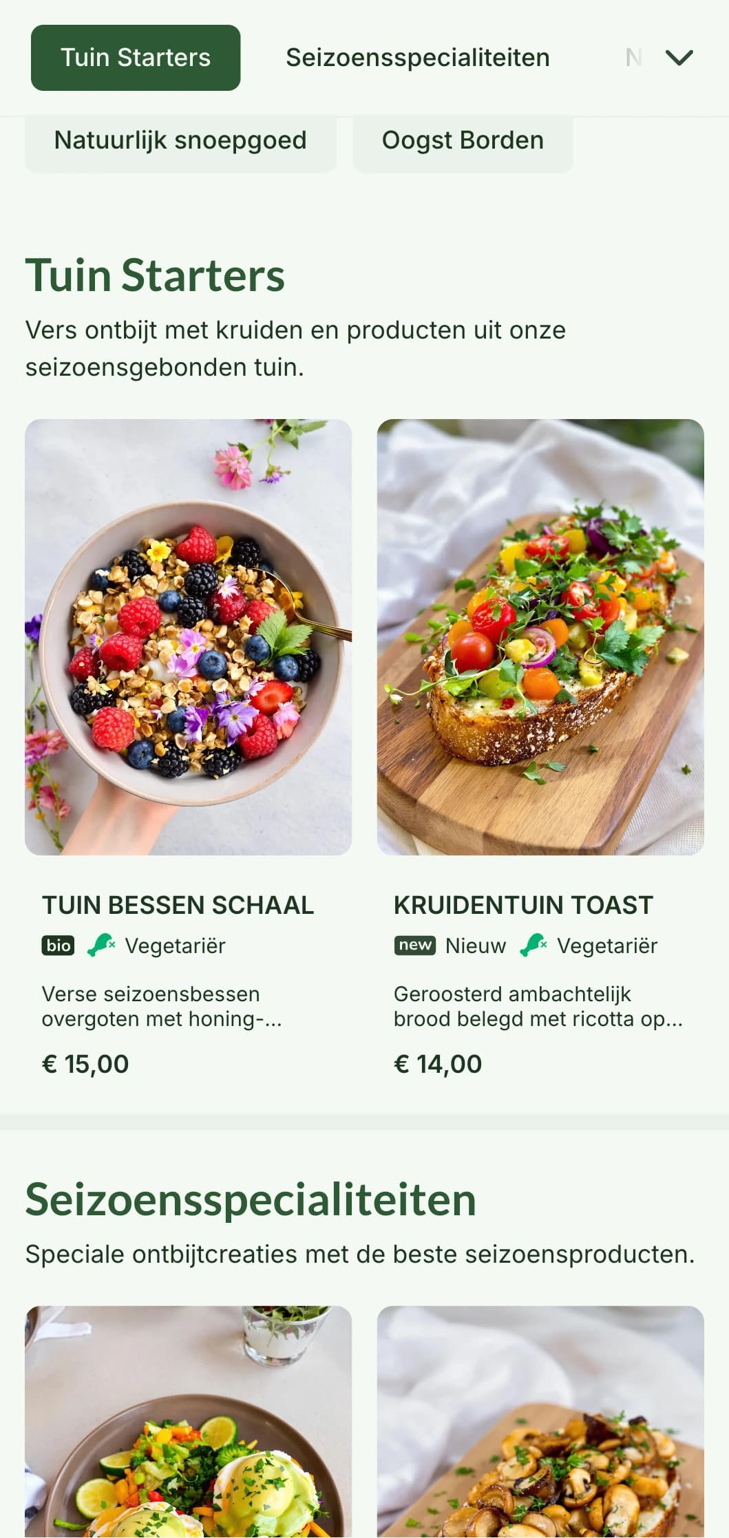 Op de natuur geïnspireerde ontbijtgerechten met seizoensproducten en biologische ingrediënten in een verfrissende presentatie.
