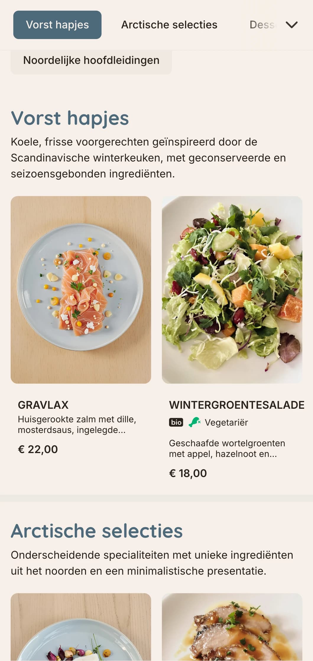 Een koel, fris dinermenu met Scandinavische winterinvloeden, met ijsblauwe tinten en strakke lijnen, perfect voor de Scandinavische keuken.
