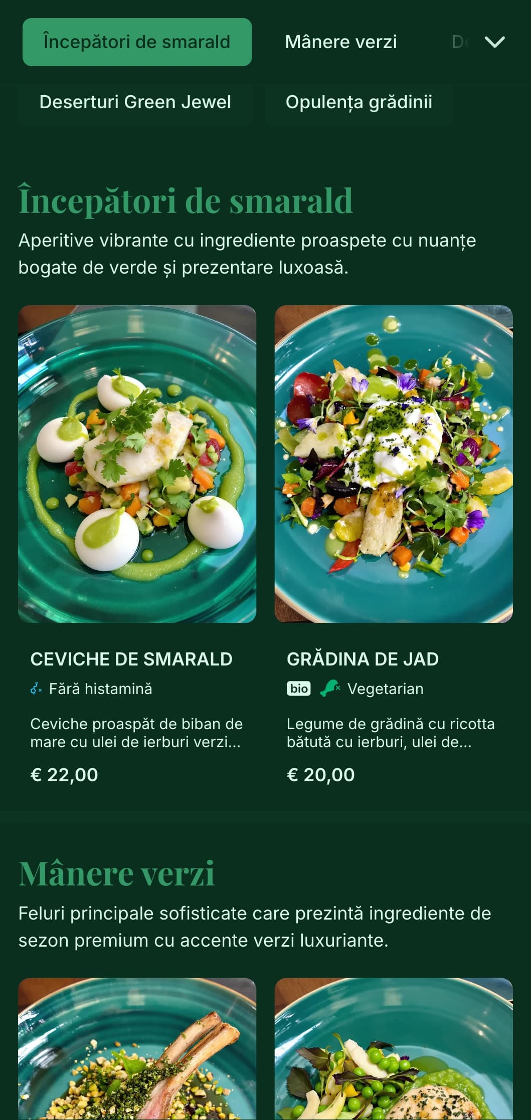 Concept de lux bogat, cu tematică verde vibrantă, inspirat de smaralde prețioase și grădini luxuriante.