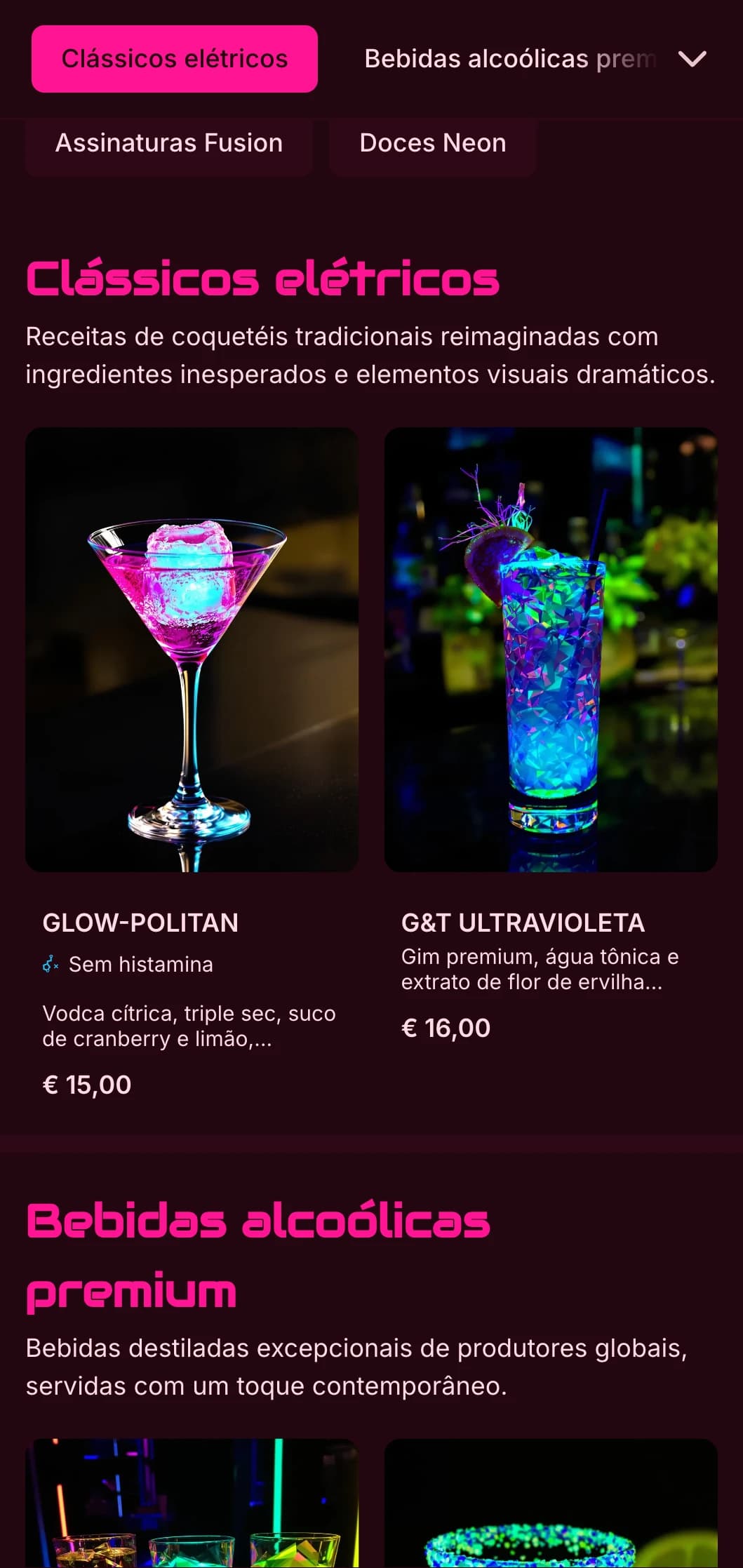 Um design arrojado e vibrante para bares de coquetéis e casas noturnas contemporâneas, com cores neon e tipografia dinâmica.