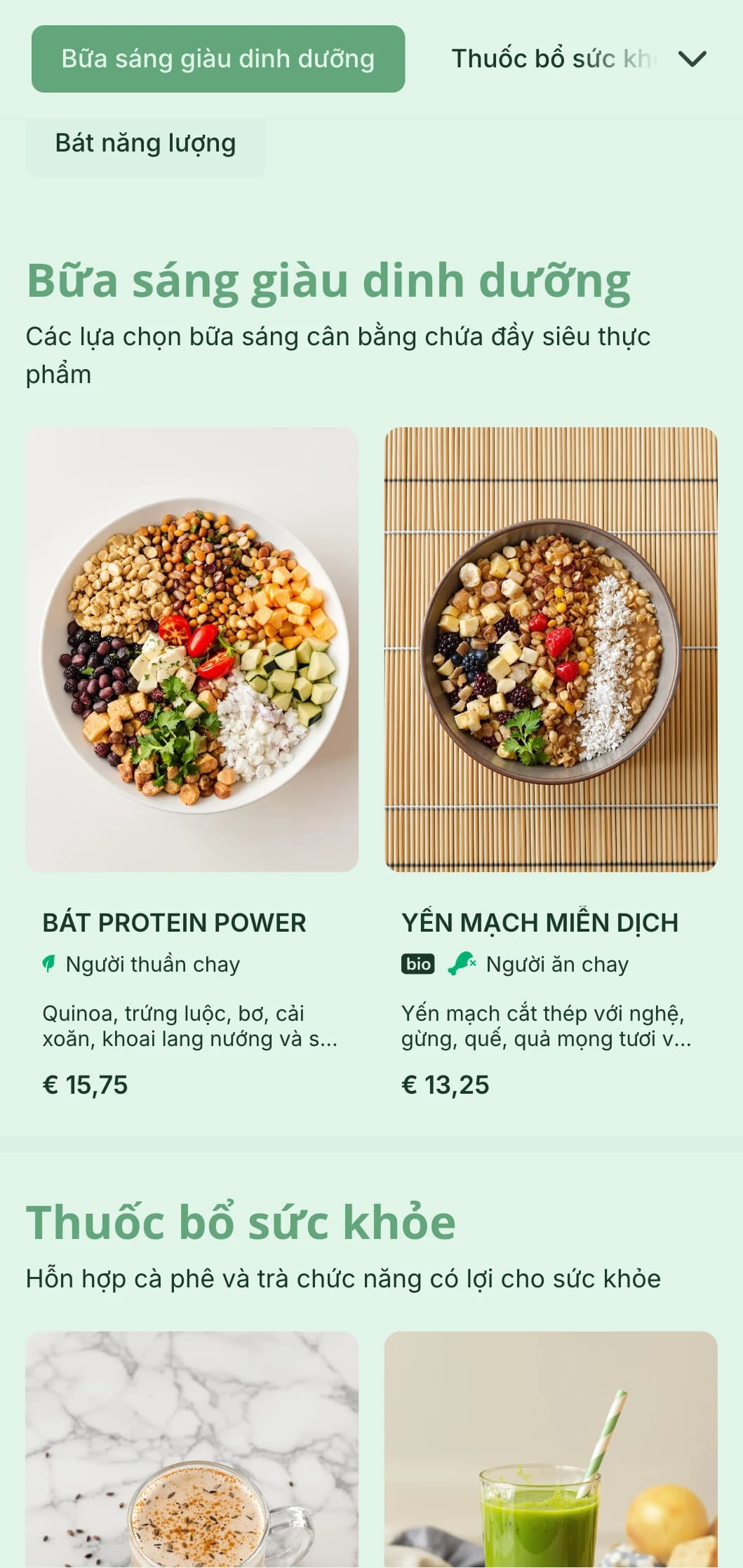 Thiết kế xanh tươi nhấn mạnh vào các lựa chọn lành mạnh cho quán cà phê và quầy nước ép chú trọng đến sức khỏe.