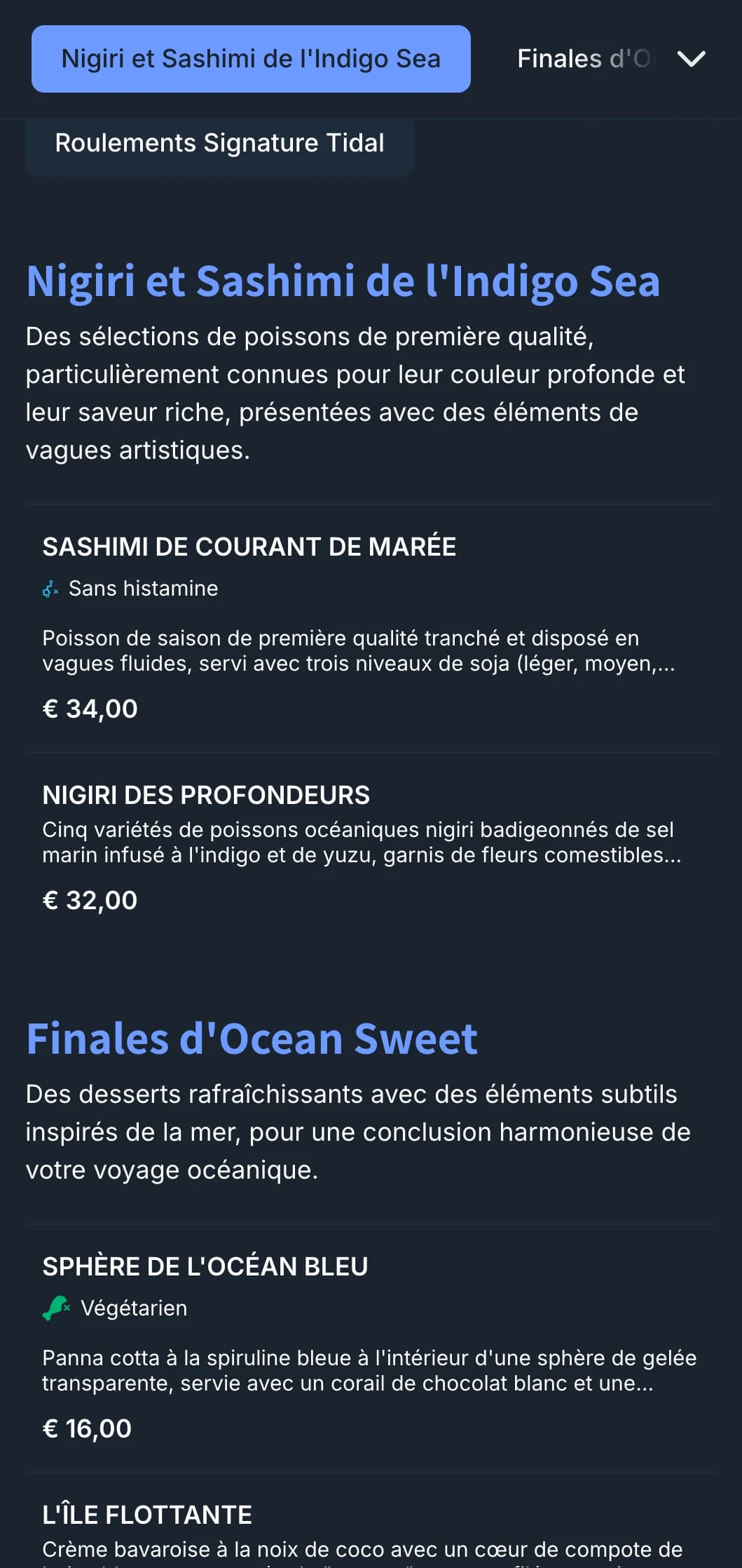 Menu de sushi inspiré de l'océan, avec des vagues indigo profondes et un design contemporain pour les restaurants axés sur les fruits de mer.
