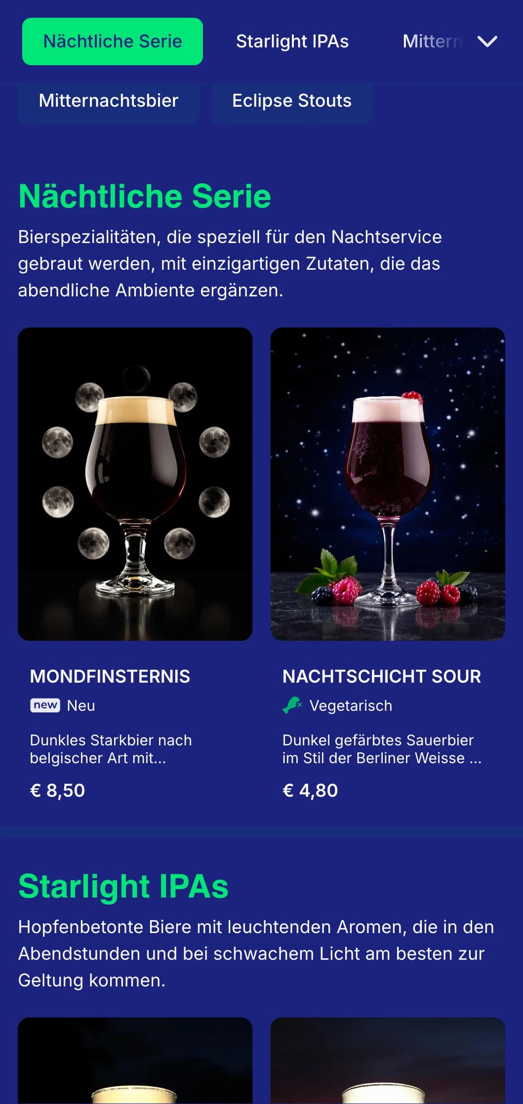Dunkles und mysteriöses Design mit mitternachtsblauen Tönen und mondähnlichen Elementen, ideal für abendliche Lokale und Nachtbrauereien.