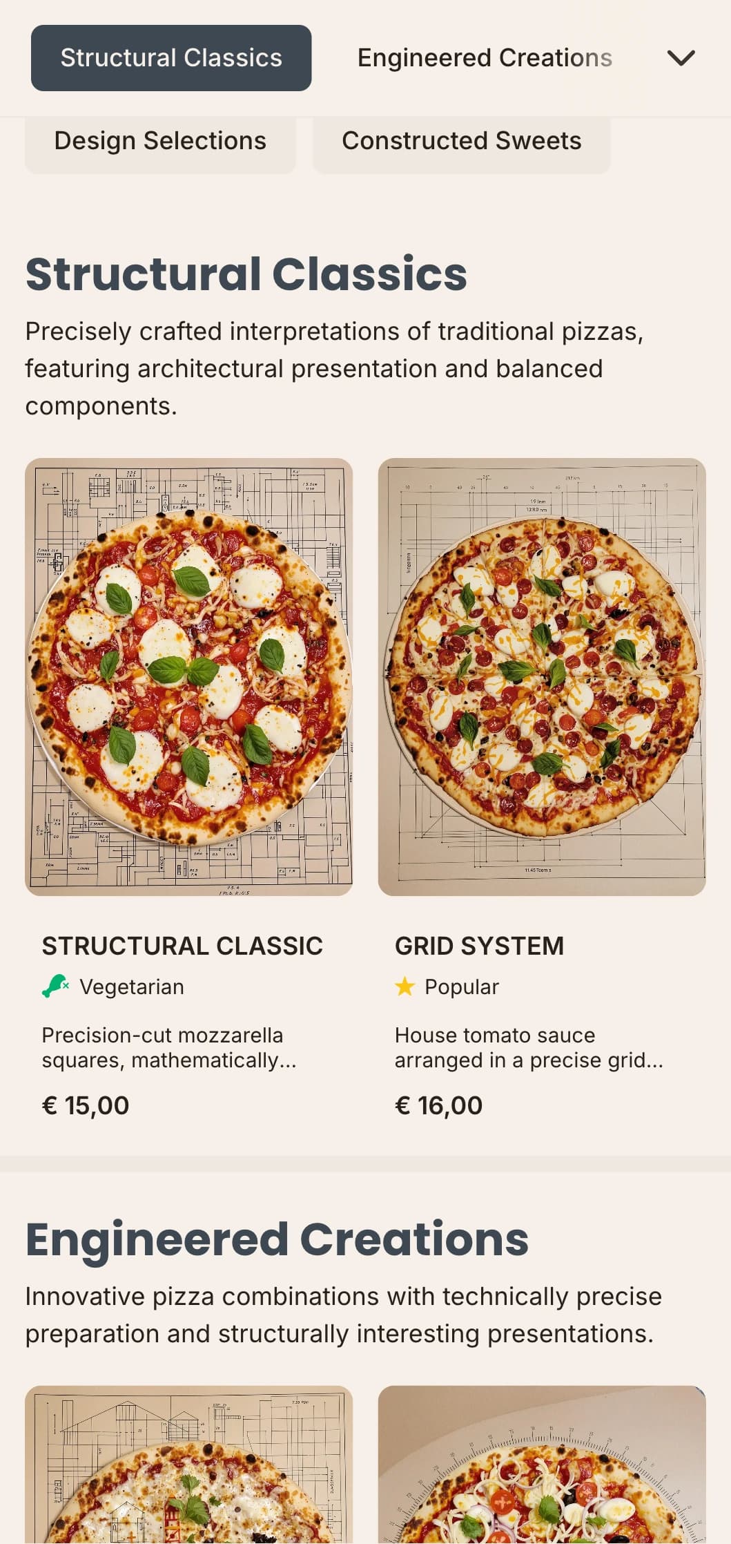 Architecturally-inspired pizza menu with precise layouts and technical aesthetic.