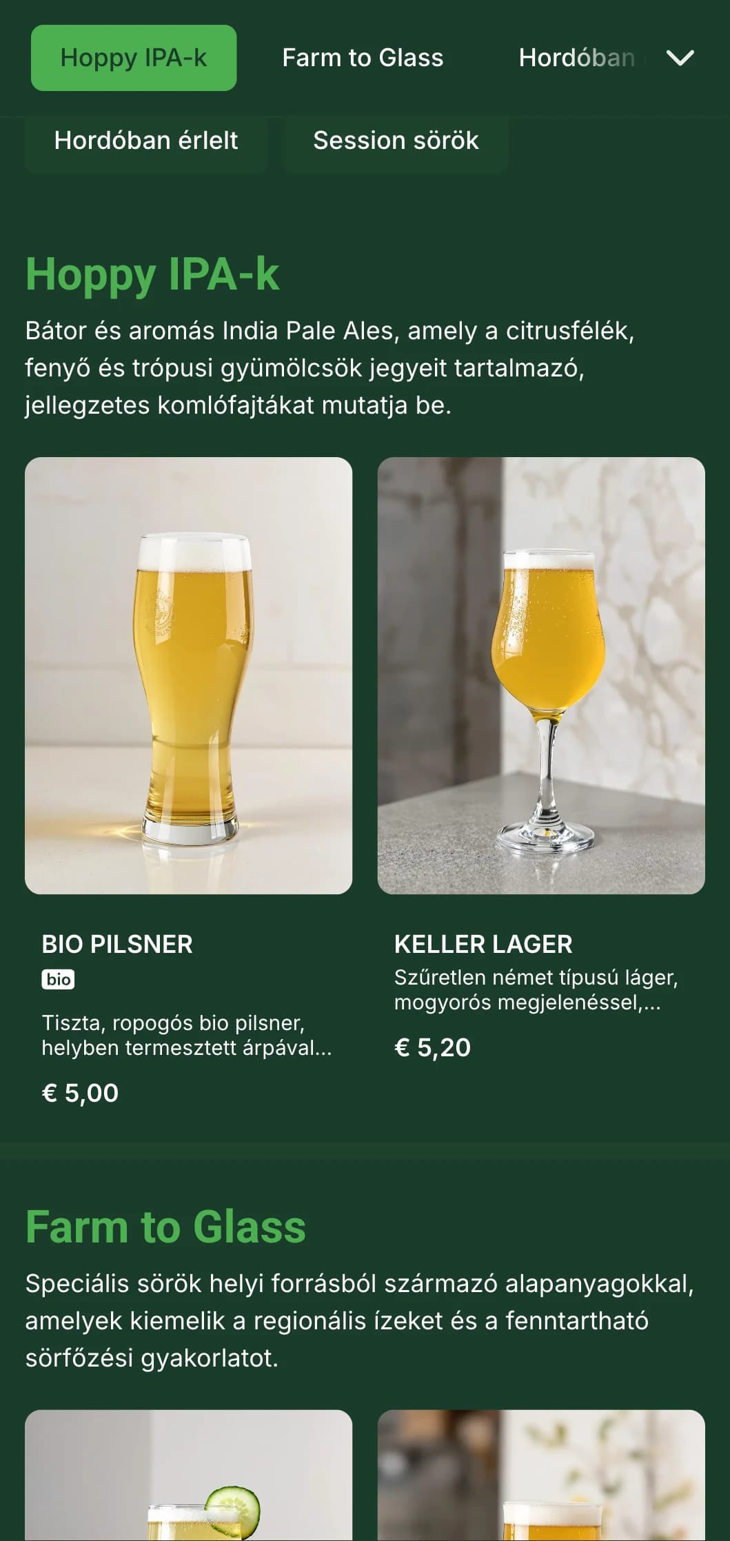 Modern és letisztult design a kortárs sörfőzdék és sörkertek számára, botanikai hangsúlyokkal és friss színpalettával, amely kiemeli a sör összetevőit.