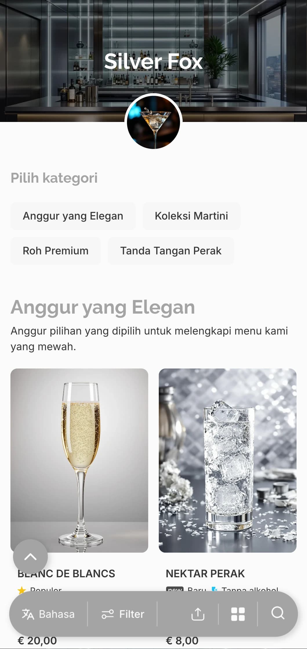 Desain perak-abu-abu yang keren untuk bar dan lounge martini kelas atas.