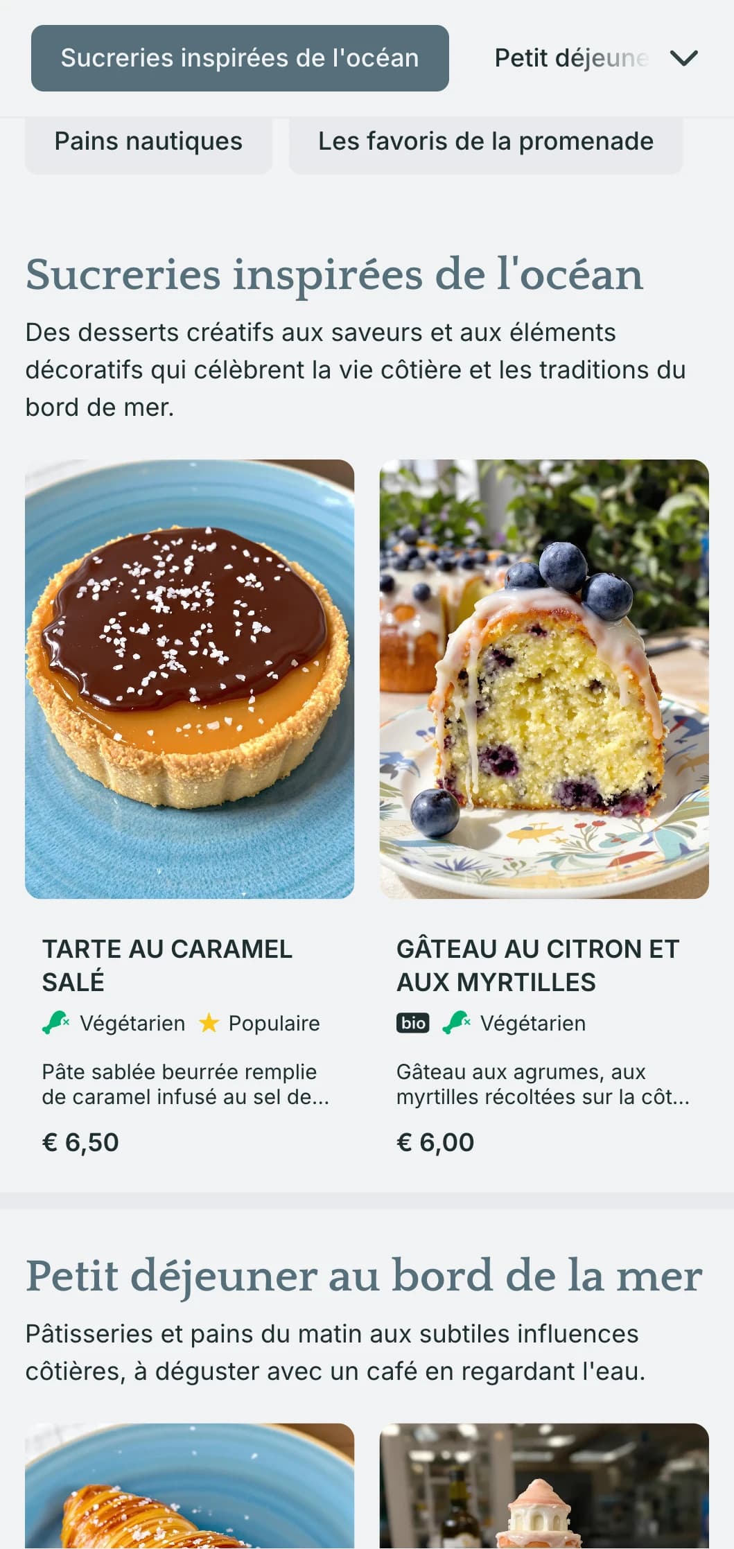 Un menu de boulangerie frais, d'inspiration maritime, avec des tons bleus côtiers et une typographie aérée, parfait pour les boulangeries de bord de mer et les cafés des villes balnéaires.