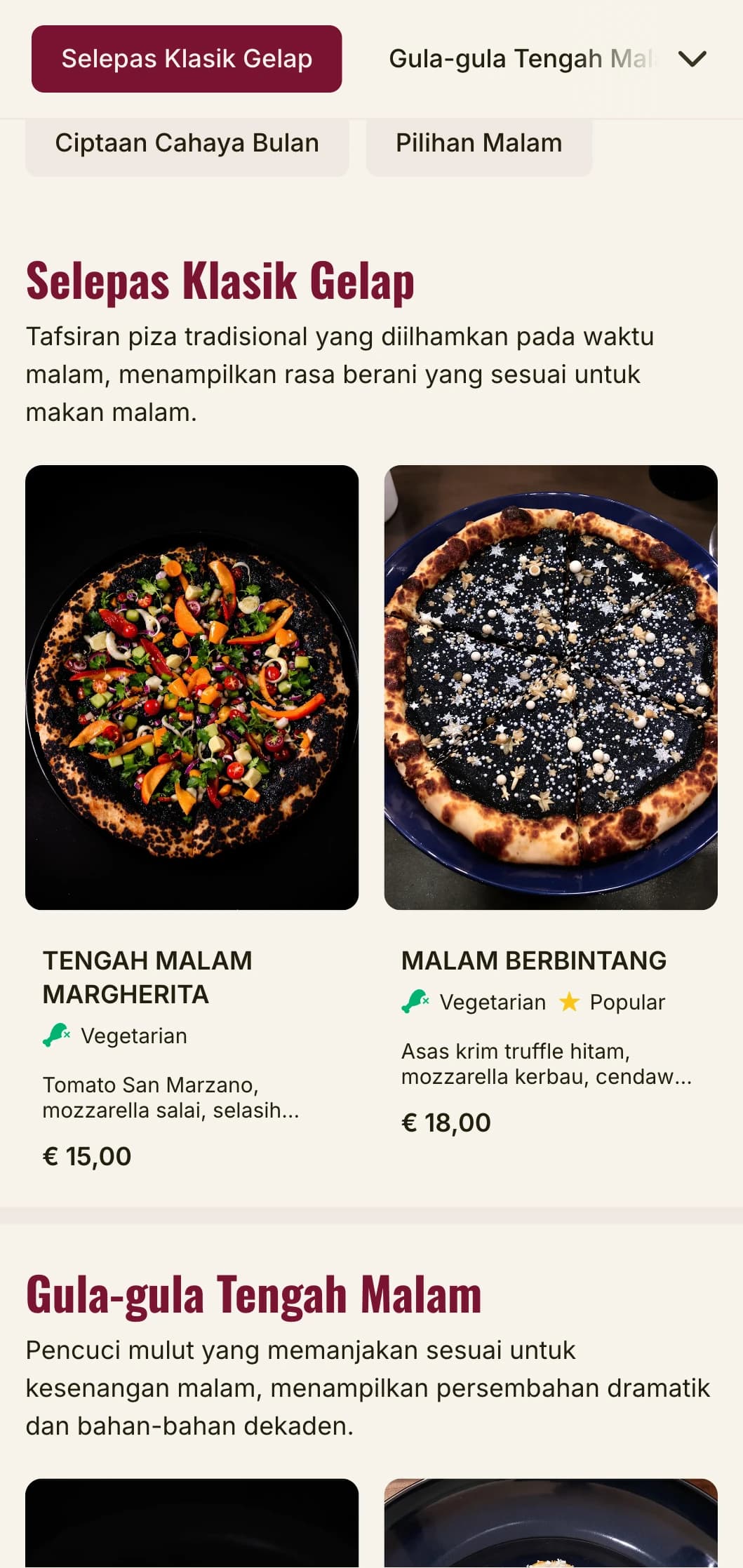 Menu pizza lewat malam dengan estetika gelap dan murung untuk pengalaman makan malam.