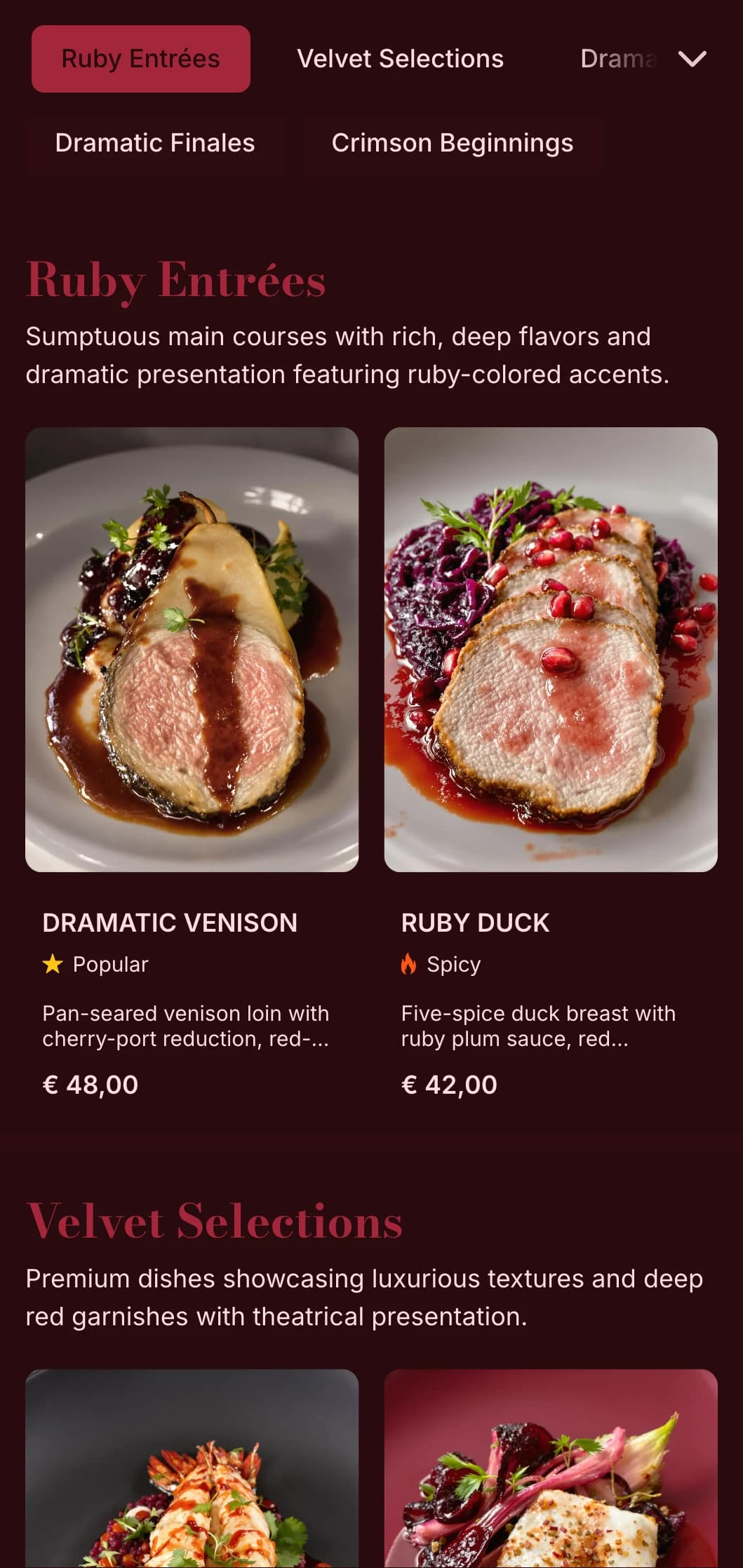 Rich, dramatic dining concept with deep red tones and opulent textures creating a theatrical culinary experience.