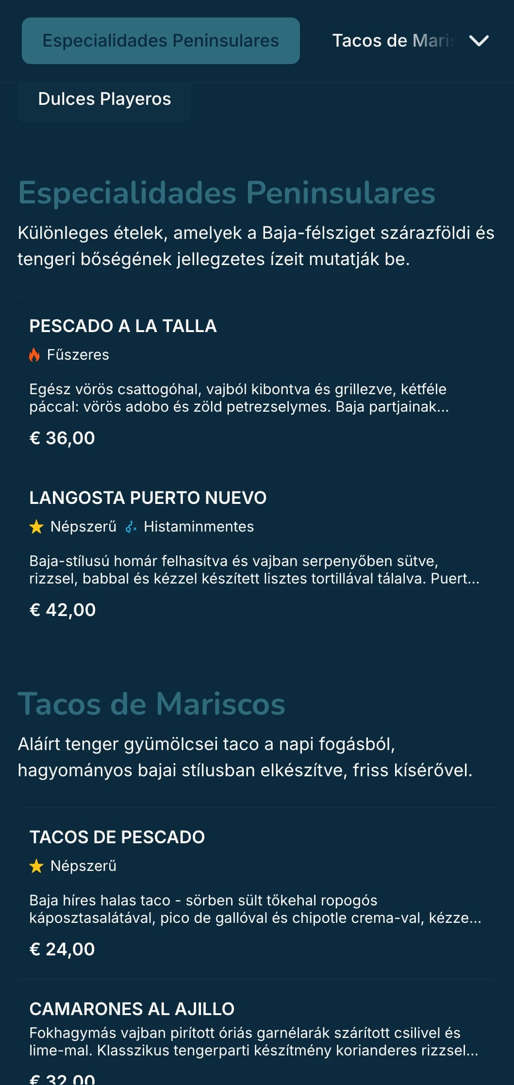 Könnyű és frissítő, Baja ihlette menü, tenger gyümölcsei tacókkal, friss alapanyagokkal és tengerparti kék akcentusokkal, modern tengerparti hangulattal.