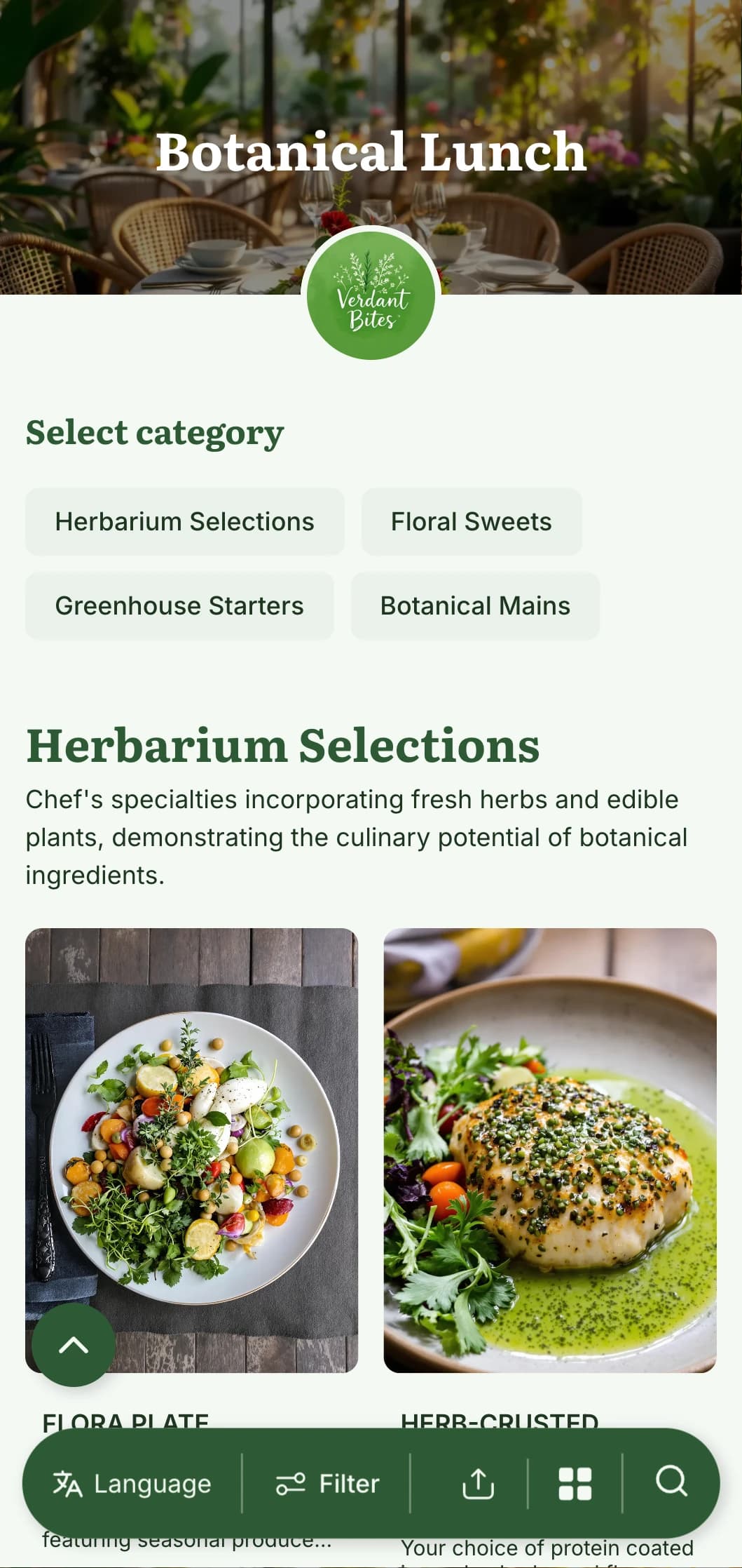 Lush, plant-inspired lunch menu design with botanical illustrations and natural textures, perfect for greenhouse cafés and garden-adjacent restaurants.