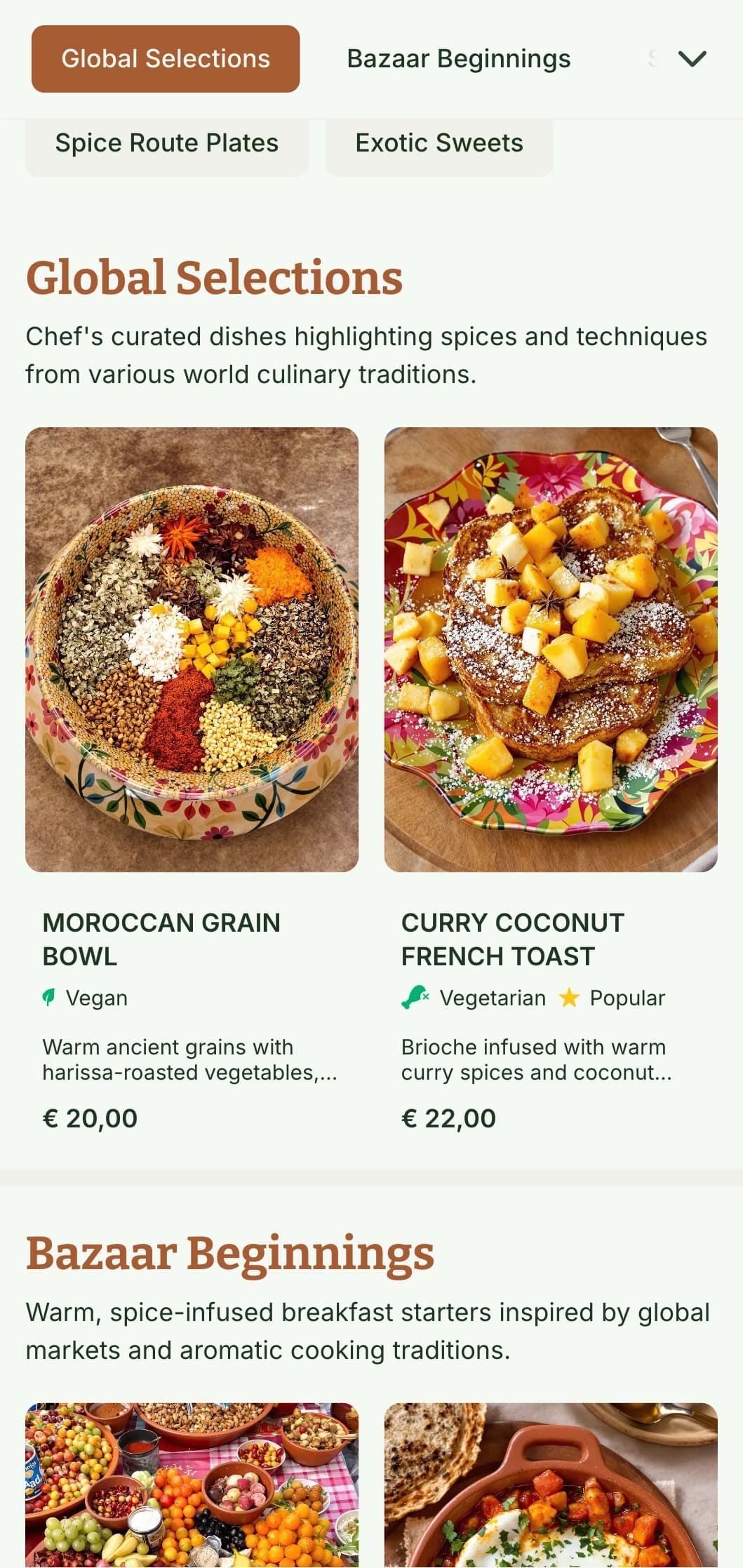 Warm, spice-inspired brunch template with rich colors, perfect for cafés featuring global breakfast flavors and spiced dishes.