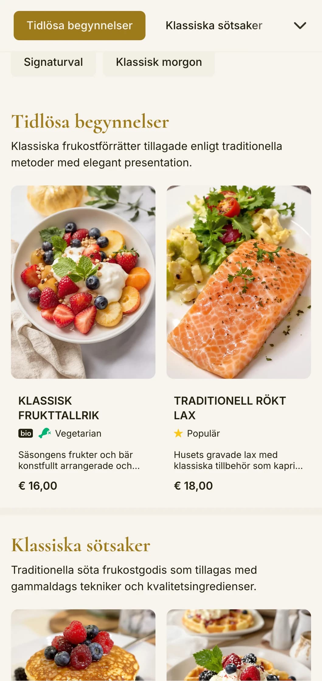 Eleganta frukostklassiker som presenteras med förfinad uppmärksamhet på detaljer och traditionella serviceelement.