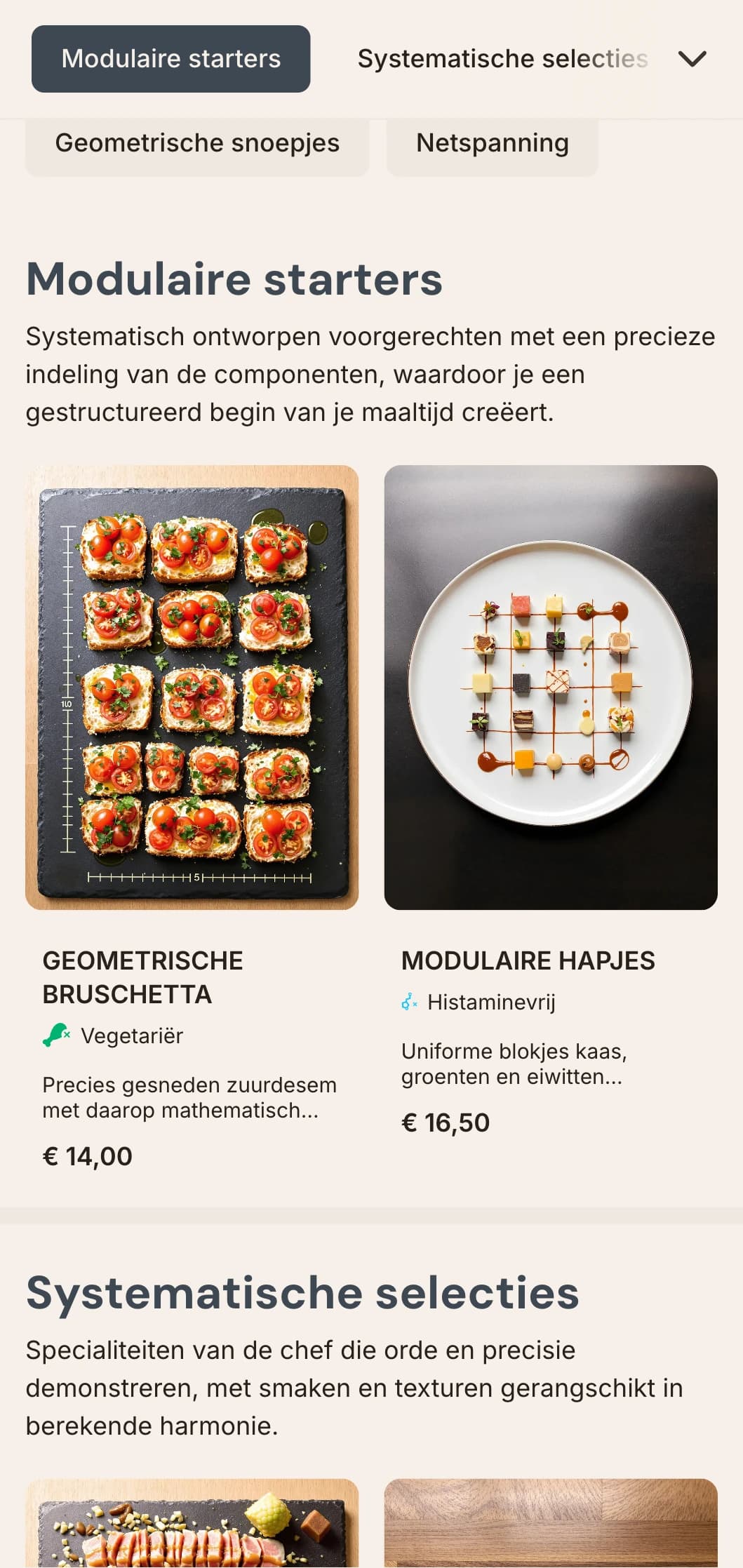 Gestructureerd, op rasters gebaseerd lunchmenu-ontwerp met wiskundige precisie en strakke organisatie, ideaal voor designgerichte restaurants en eigentijdse eetgelegenheden.