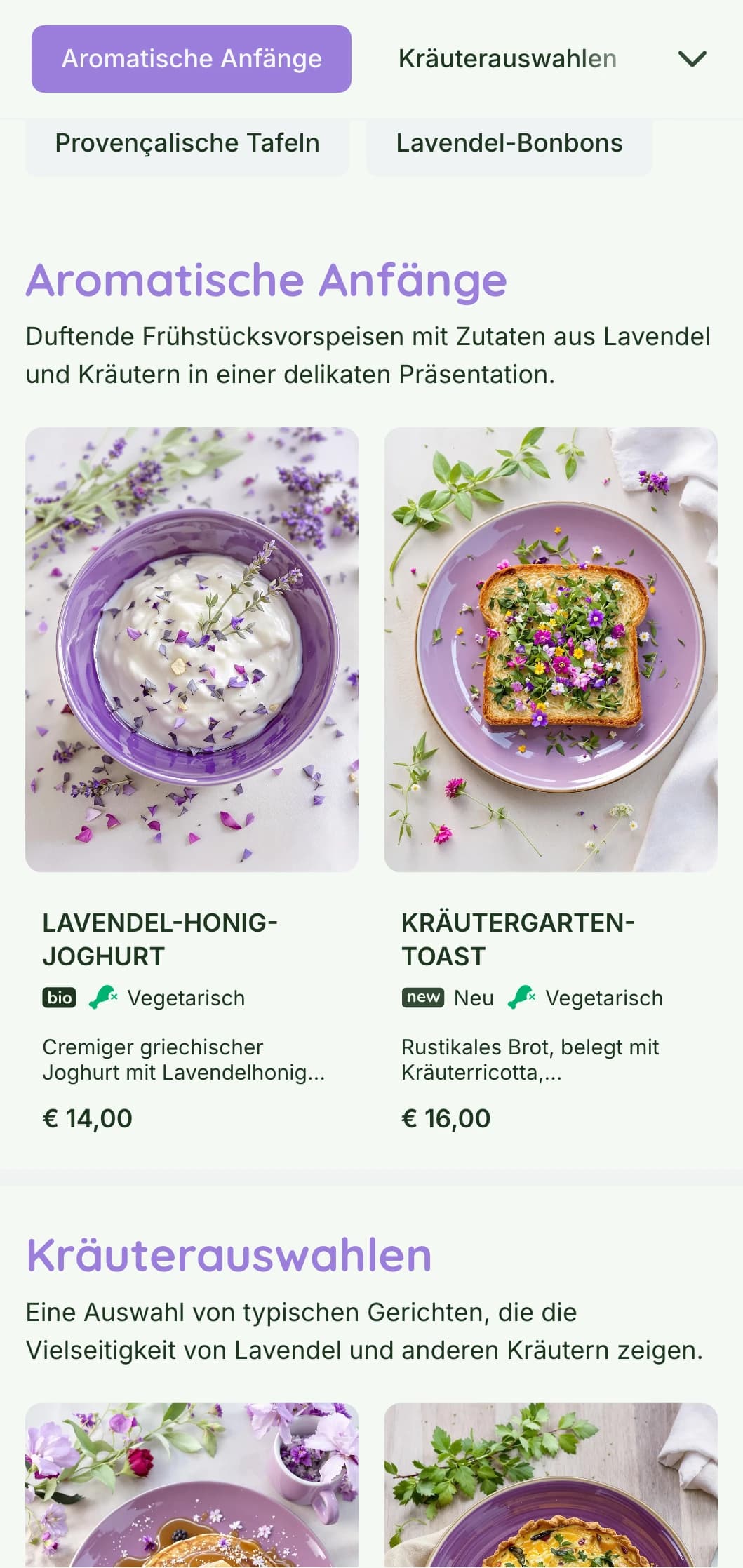 Duftende, violett akzentuierte Brunch-Vorlage, die von der Provence inspiriert ist und sich für kräuterbetonte Cafés und Gartenbereiche eignet.