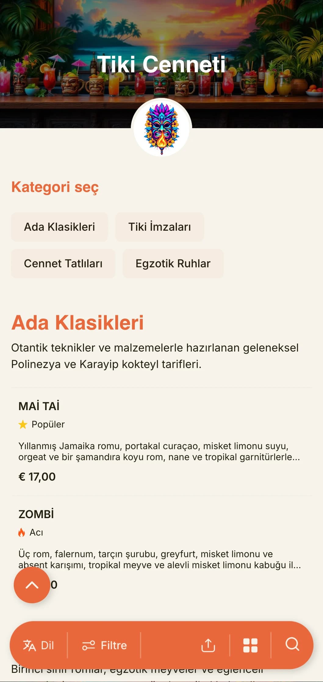 Tiki barlar ve tropik kokteyl salonları için eğlenceli tipografi ve sıcak renkler içeren egzotik, canlı bir tasarım.