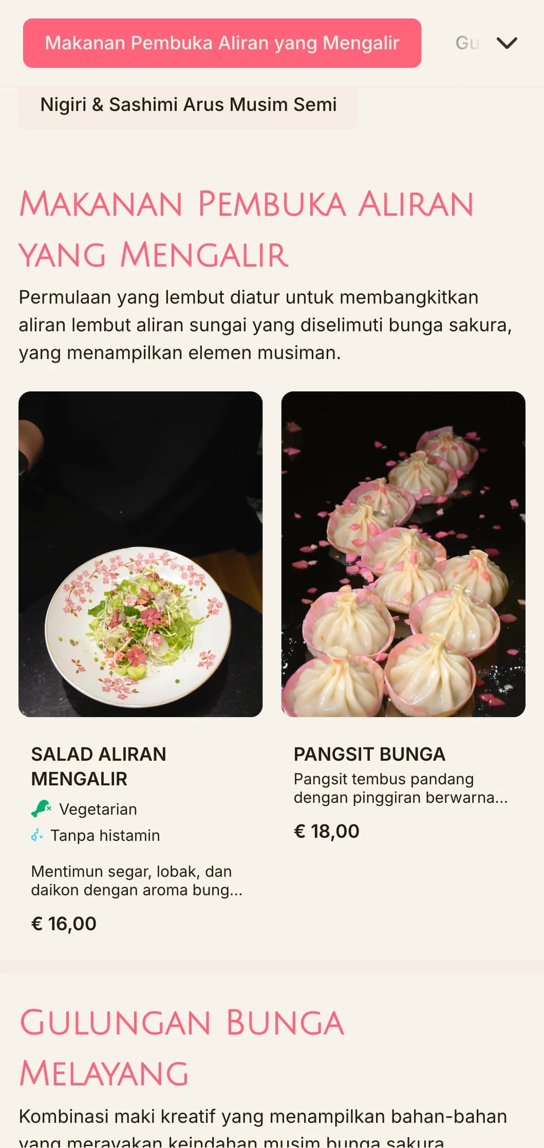 Menu sushi yang terinspirasi dari bunga sakura dengan aksen merah muda lembut dan elemen alami.