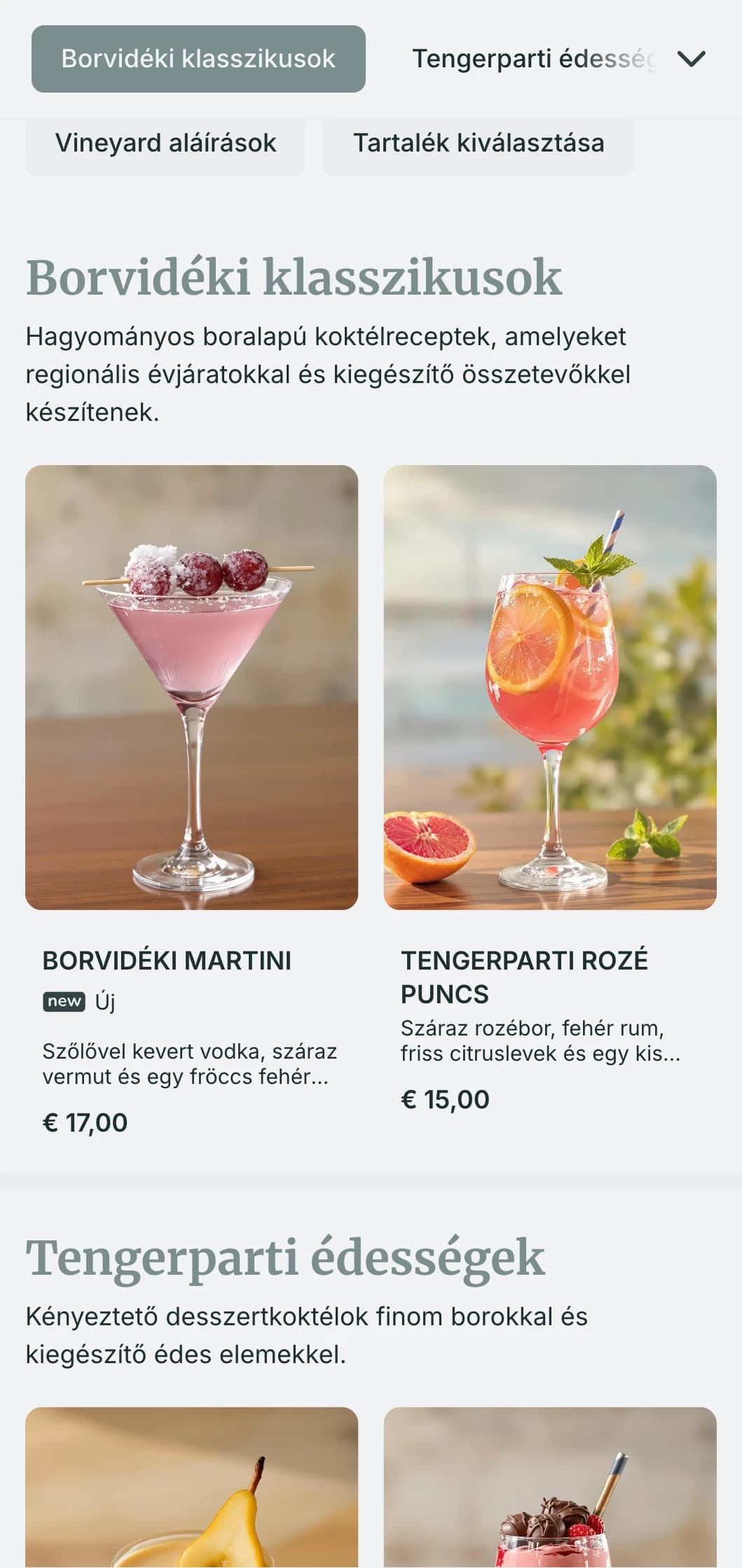 Friss, tengerparti ihletésű design tengerparti borbárok számára, ködös kékesszürke tónusokkal és légies tipográfiával.