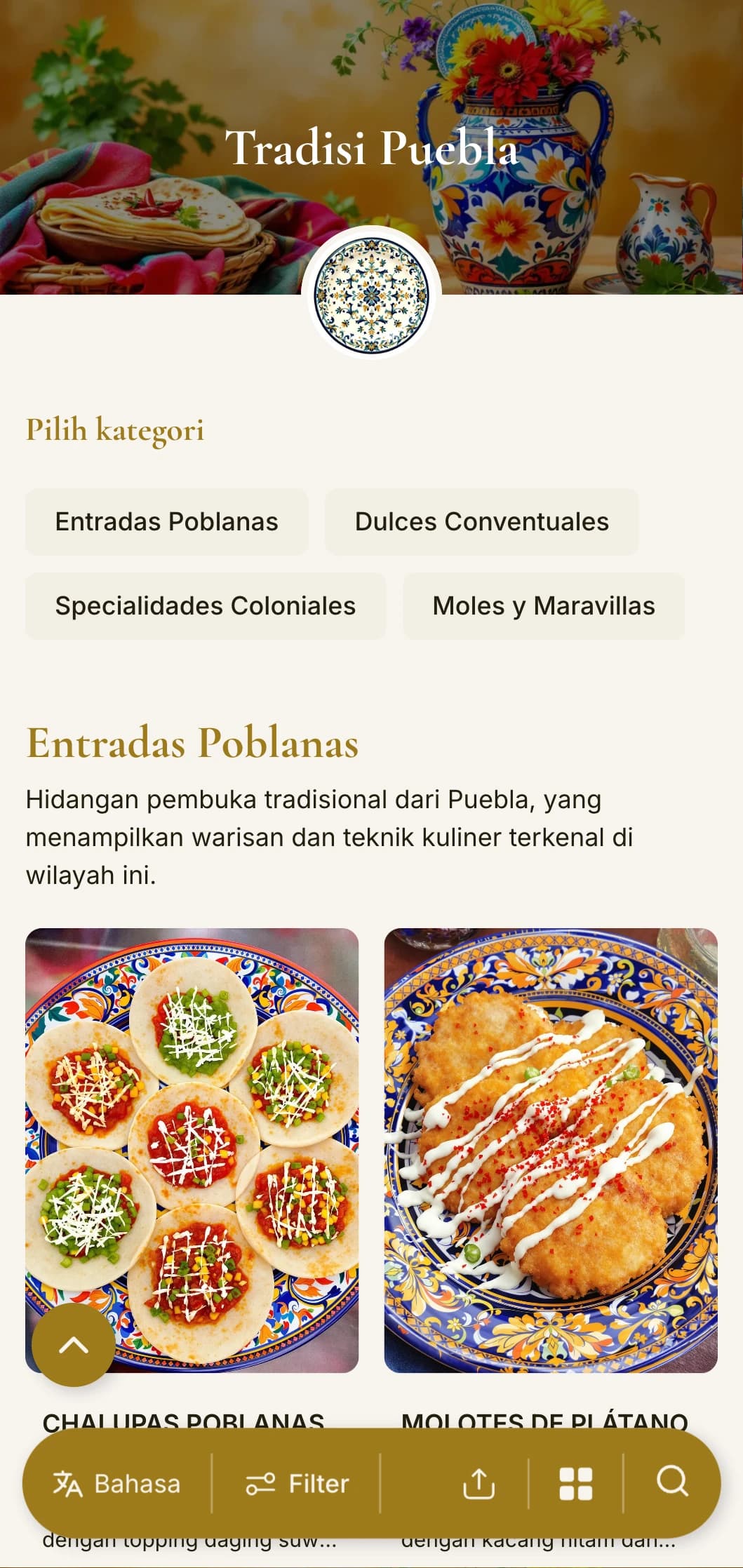 Menu mewah yang merayakan warisan kuliner Puebla yang kaya dengan aksen emas, pola talavera, dan hidangan poblano mol otentik.