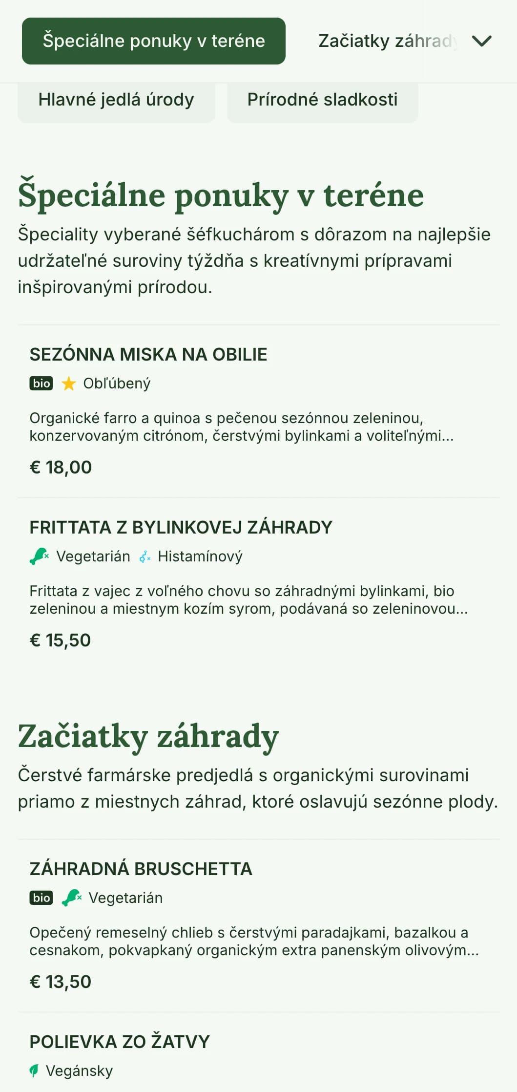 Svieže, prírodou inšpirované obedové menu s dôrazom na sezónne suroviny a ponuku z fariem, ideálne pre kaviarne a reštaurácie so zameraním na zdravé, ekologické obedy.
