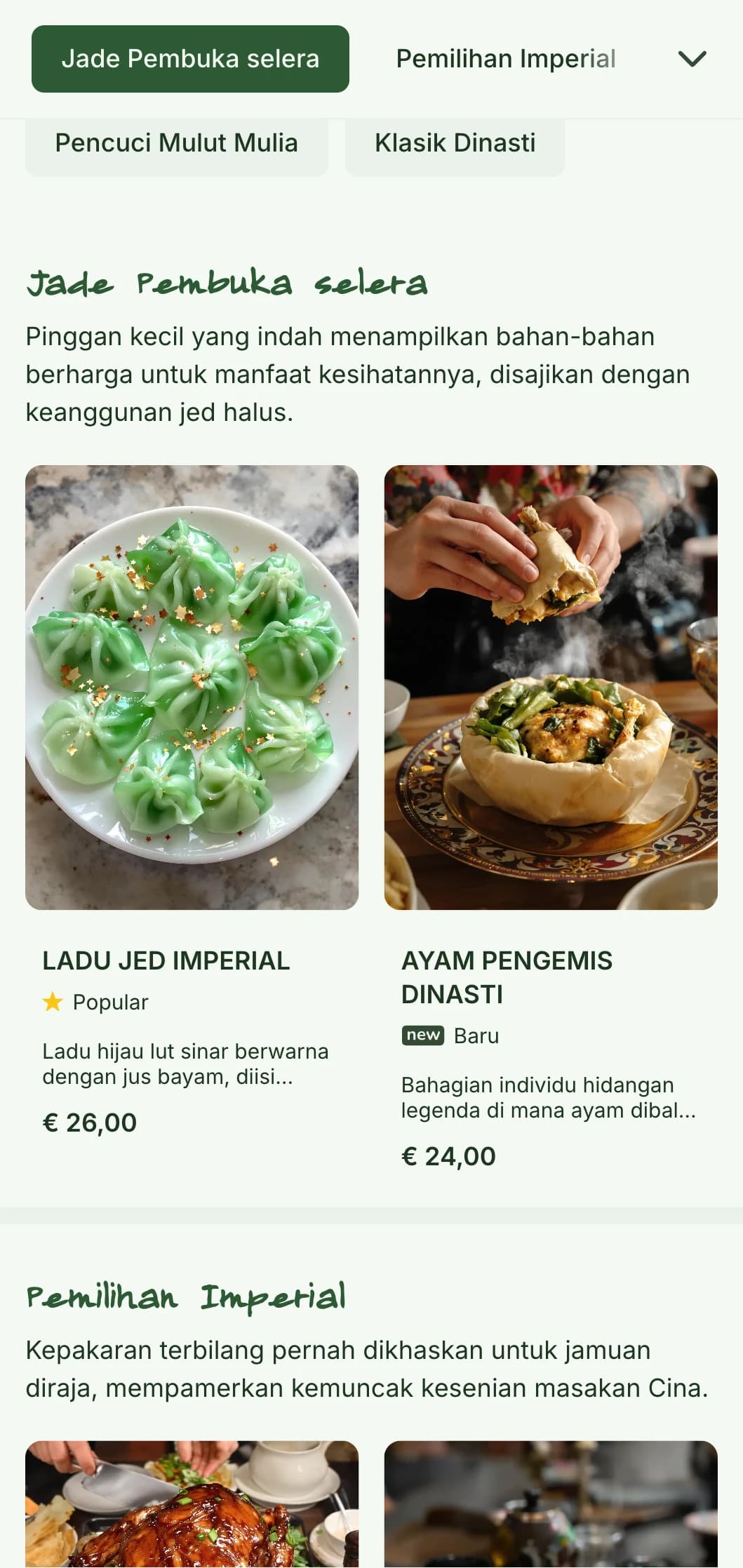 Reka bentuk menu Cina yang elegan menampilkan motif jed dan elemen berinspirasikan dinasti untuk restoran mewah dan perkhidmatan jamuan.