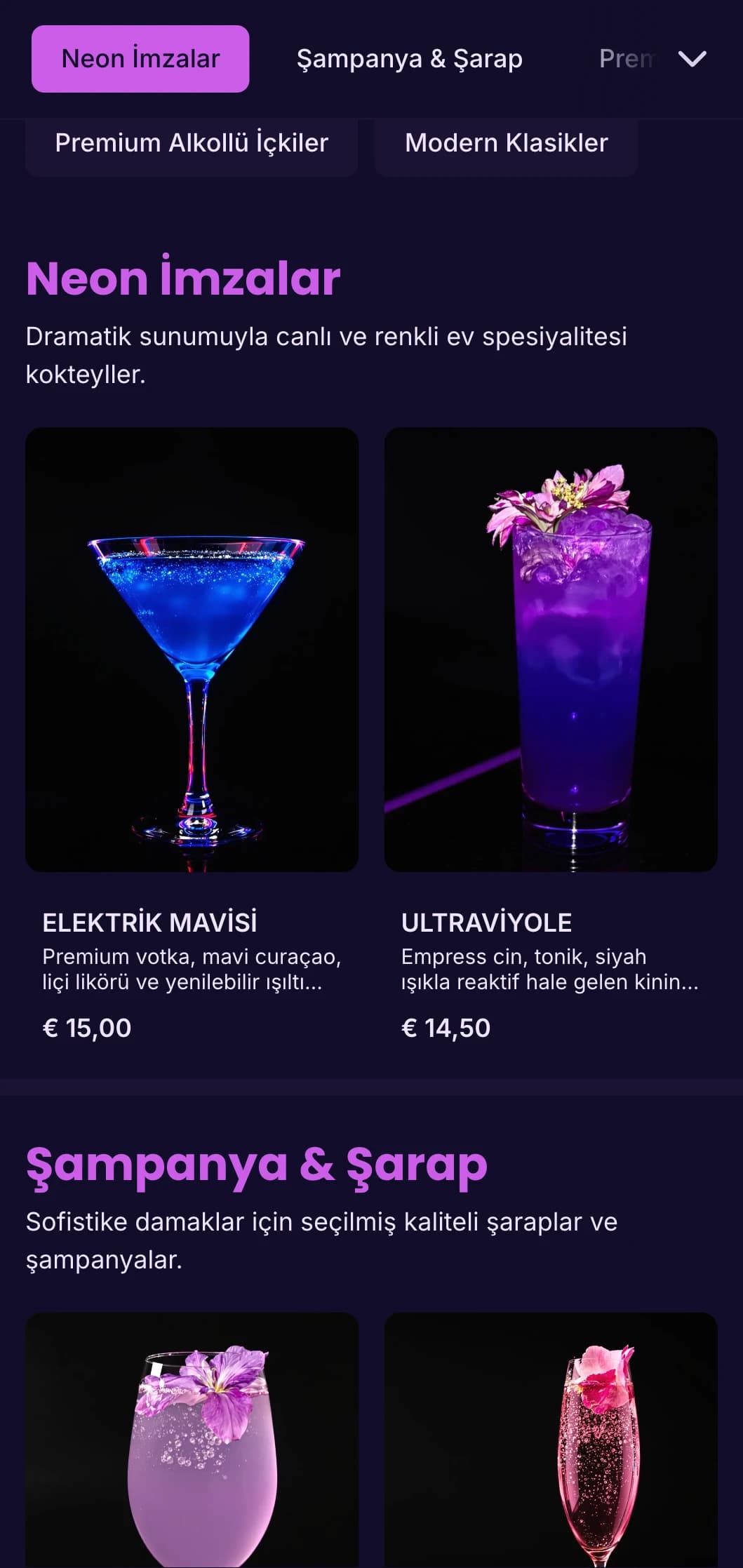 Modaya uygun gece kulüpleri ve kokteyl salonları için canlı mor ve ultraviyole tasarım.